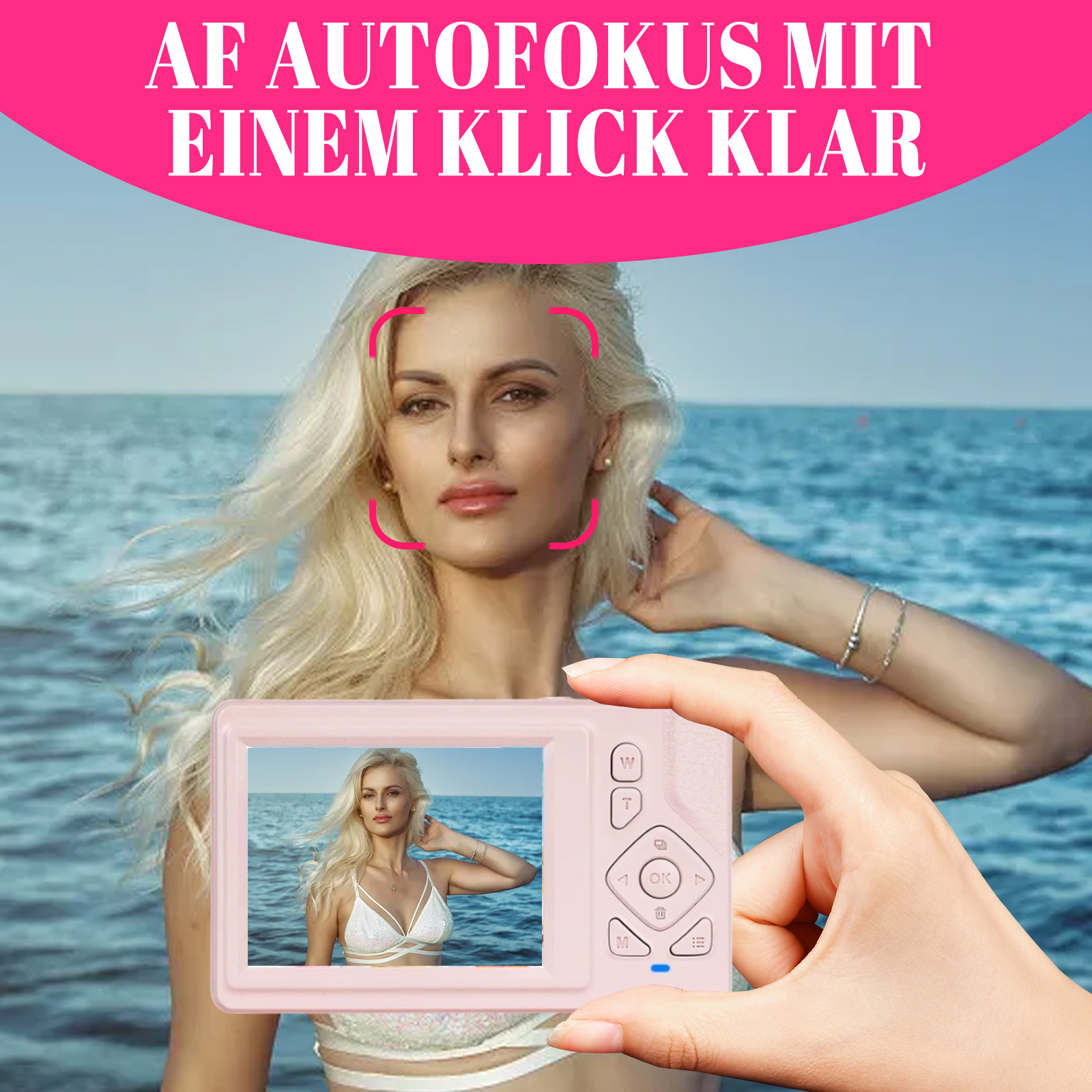 Eine Frau hält eine rosa Digitalkamera, ihr Gesicht ist umrahmt und der Kamerabildschirm zeigt ein ähnliches Bild.