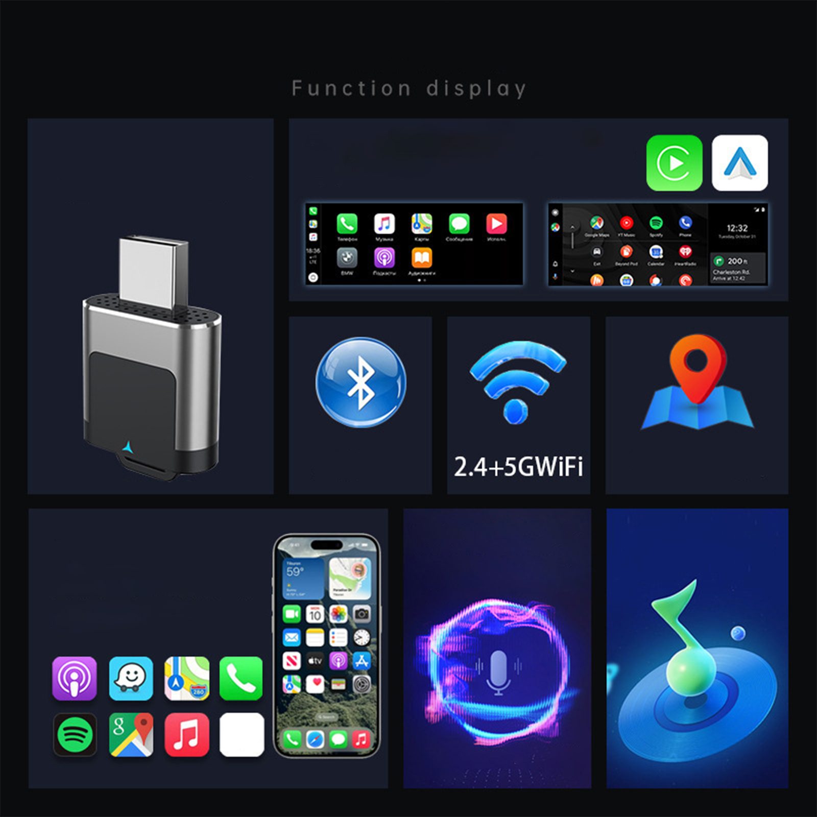 Ein Gerät, das verschiedene App-Symbole und Bildschirme eines Telefons mit USB-C-Adapter vor dunklem Hintergrund zeigt.