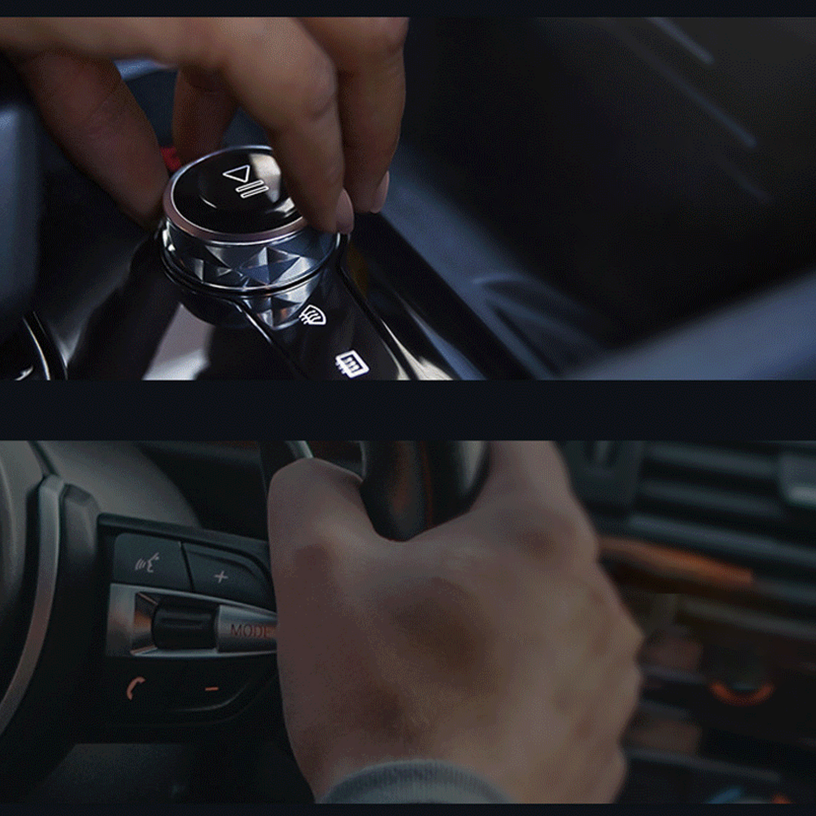 Nahaufnahme des Armaturenbretts eines Autos. Hand dreht einen Bedienknopf. Zweites Bild zeigt ein Lenkrad.
