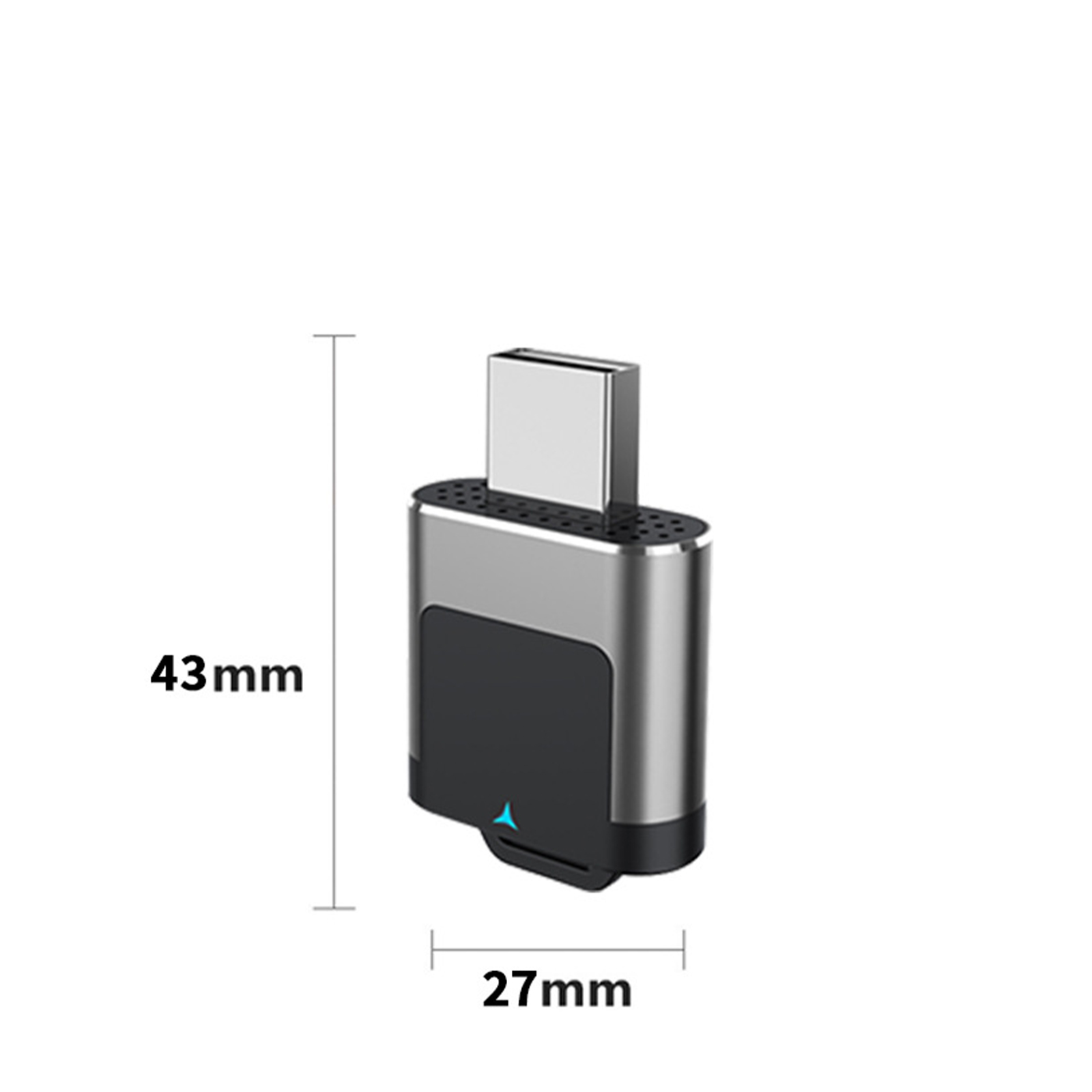 Ein silberner USB-C-Adapter mit schwarzem Sockel. Abmessungen: 43 mm hoch, 27 mm breit, vor weißem Hintergrund.