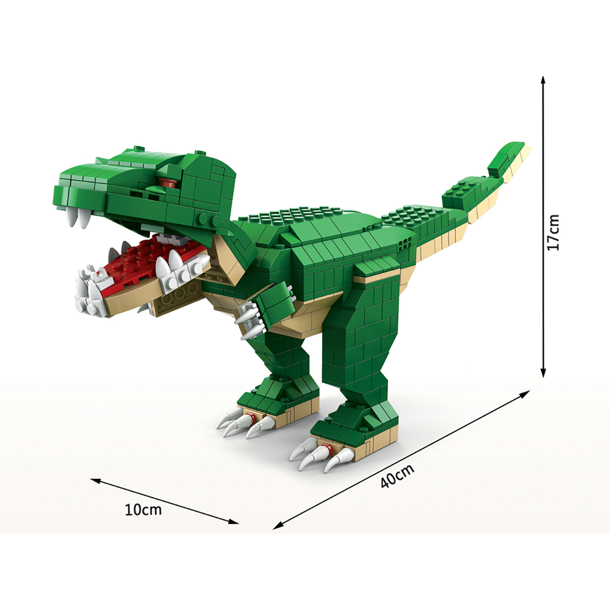 Dinosaure Lego vert avec des mesures de 40 cm de long, 17 cm de haut et 10 cm de large.