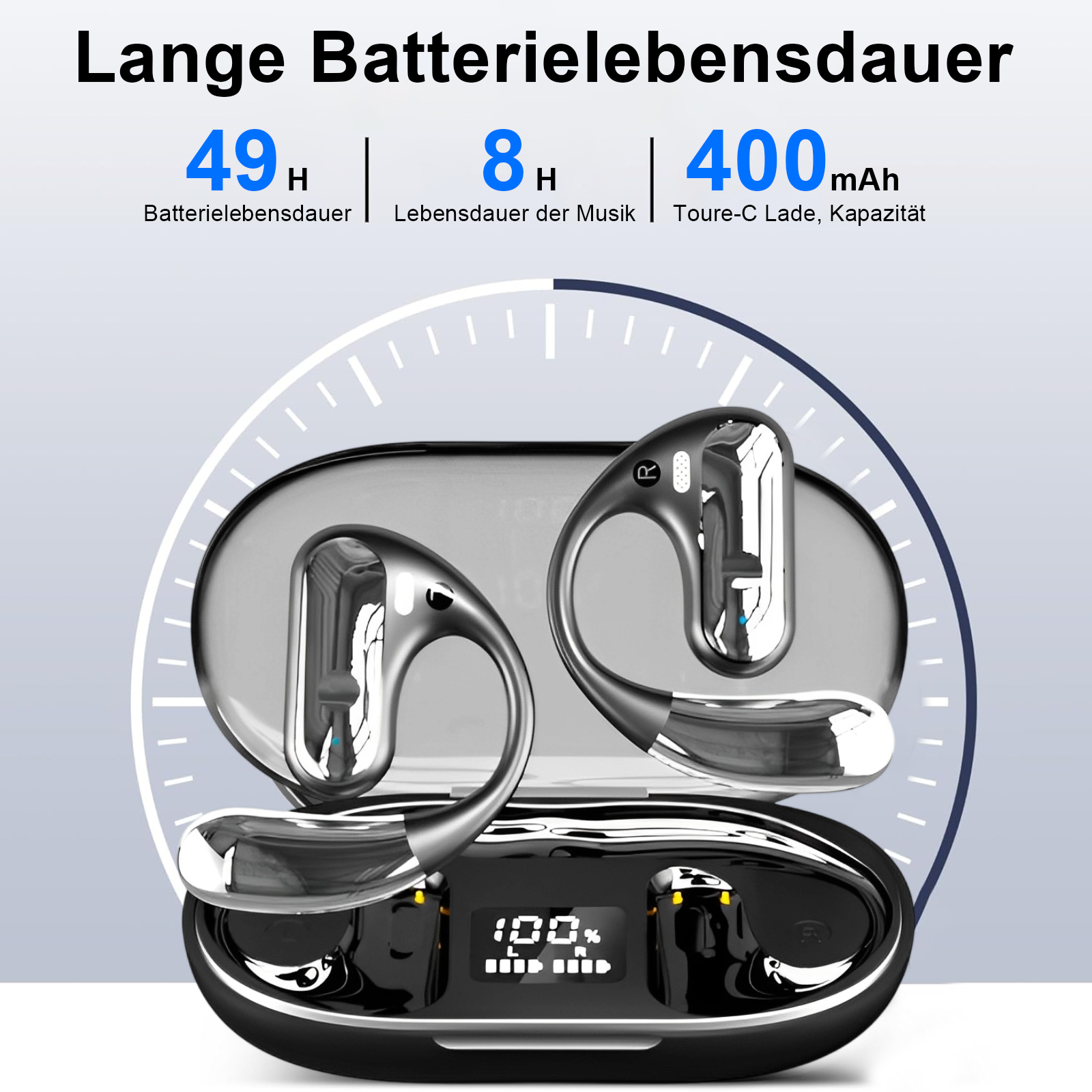 Ohrhörer und Ladekoffer. Text zeigt Akkulaufzeit und -kapazität an. Die Ohrhörer sind silber und schwarz.