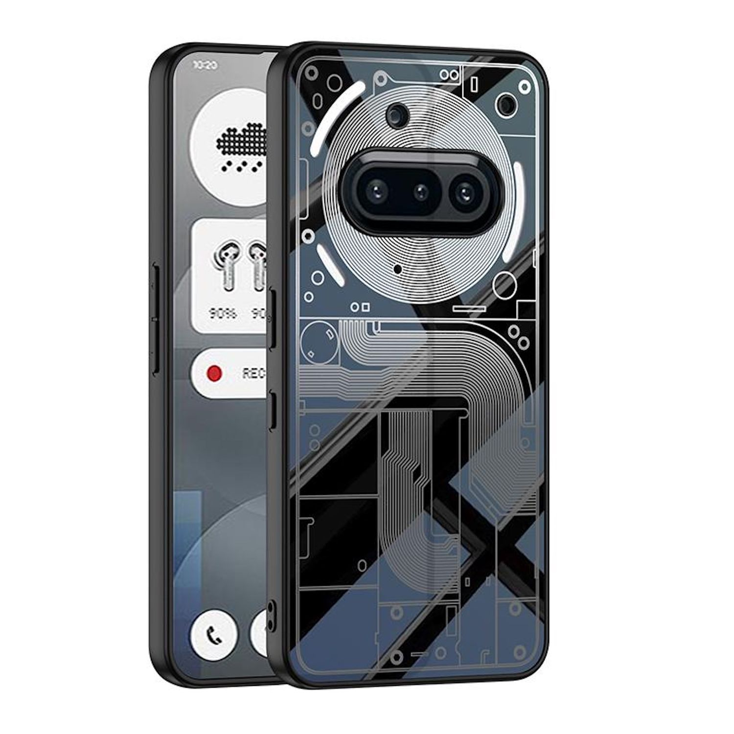 Zwei Telefone nebeneinander. Das rechte Telefon hat ein Leiterplattendesign auf der Rückseite. Das linke zeigt eine App.