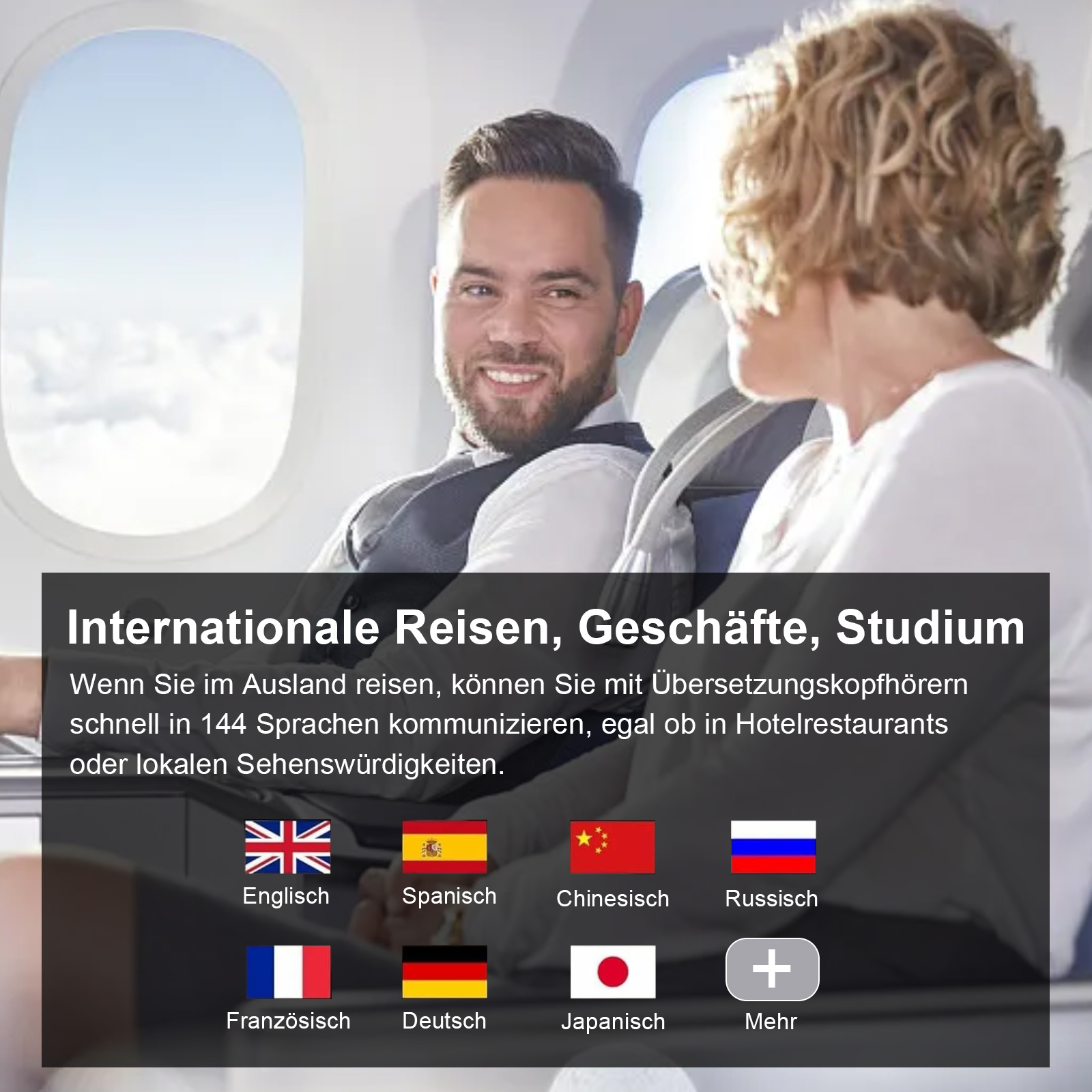 Zwei Personen in einem Flugzeug schauen aus dem Fenster. Text lautet "Internationale Reisen, Geschäfte, Studium".