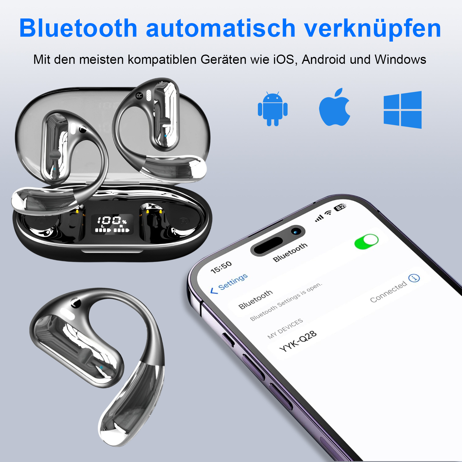Ohrhörer mit Ladecase. Das Telefon zeigt Bluetooth-Einstellungen, und die Ohrhörer sind verbunden. Sie sind silber.