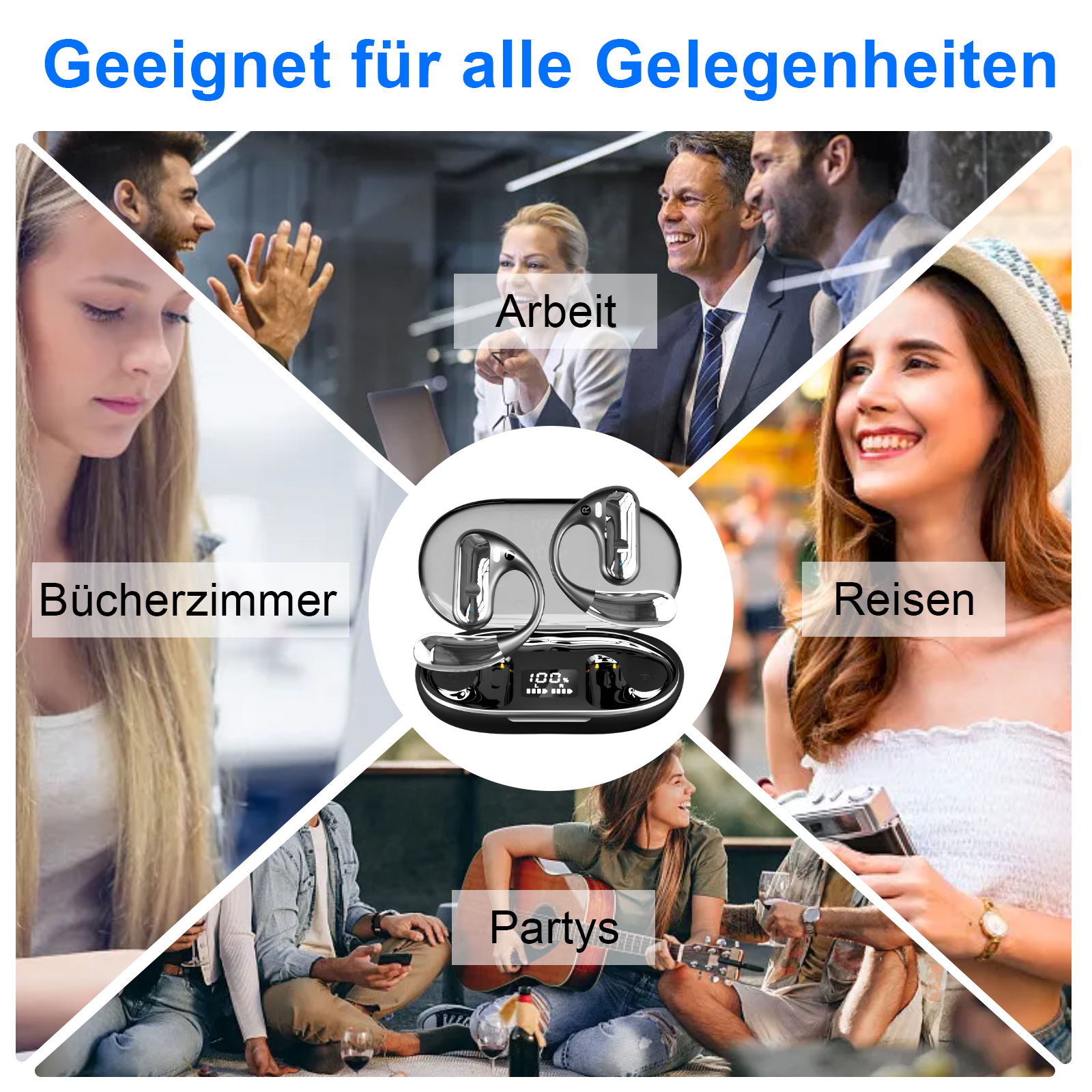 Menschen in verschiedenen Umgebungen, die Kopfhörer benutzen. Text auf Deutsch: Für alle Gelegenheiten geeignet.