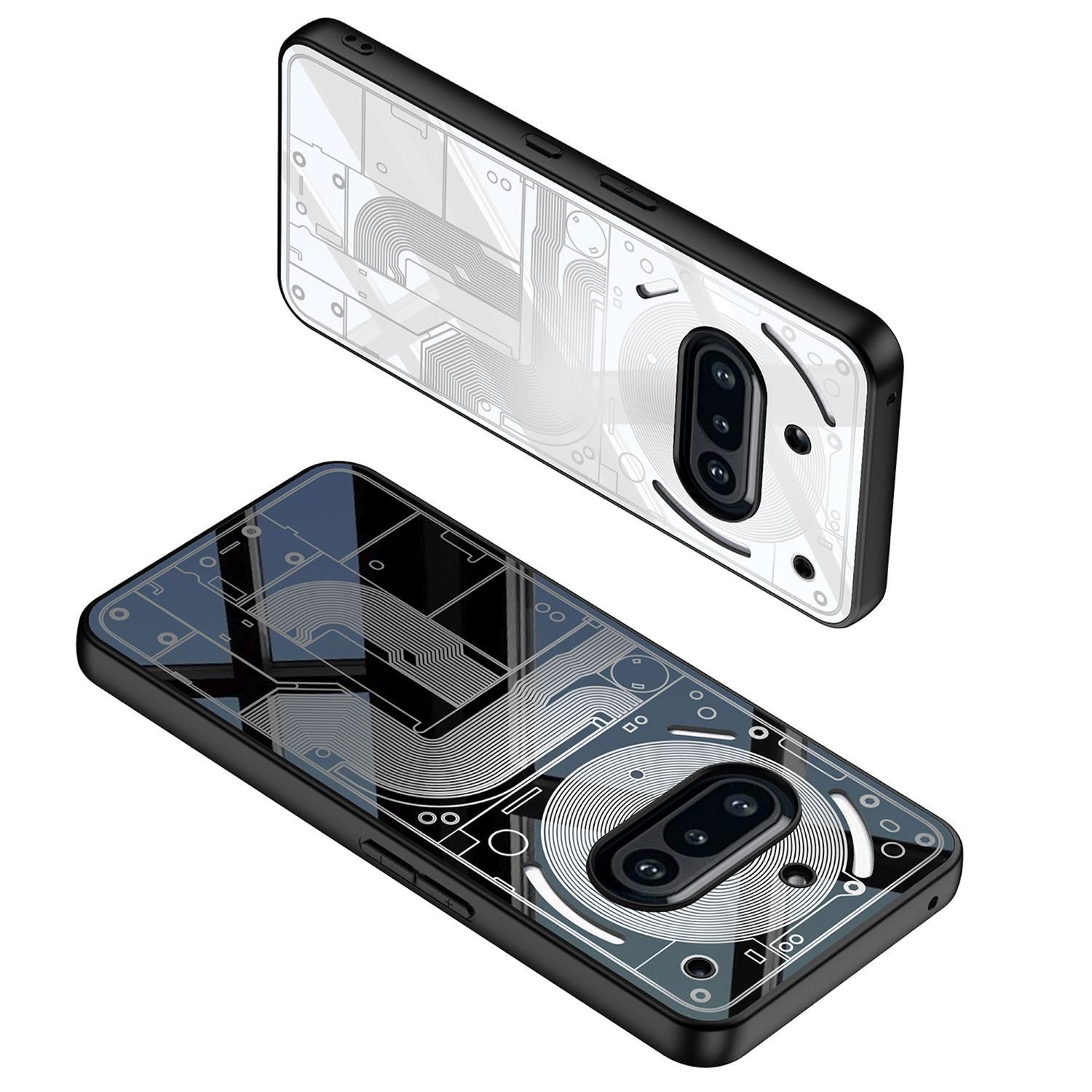 Zwei Smartphones mit durchsichtigem Rücken, die interne Schaltkreise zeigen, mit schwarzem Rahmen.