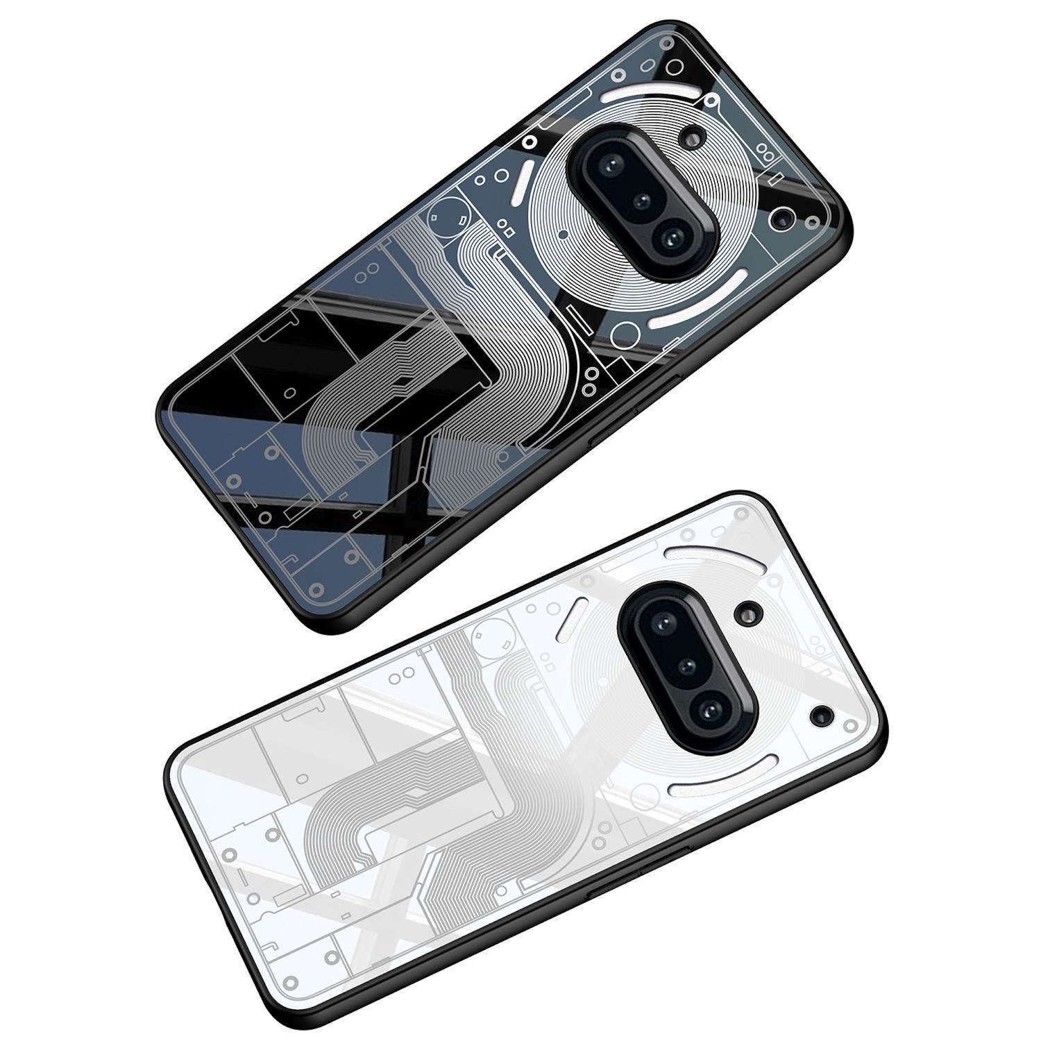 Zwei Telefone. Beide haben ein Leiterplattendesign auf der Rückseite. Die Telefone sind schwarz mit silbernen Akzenten.