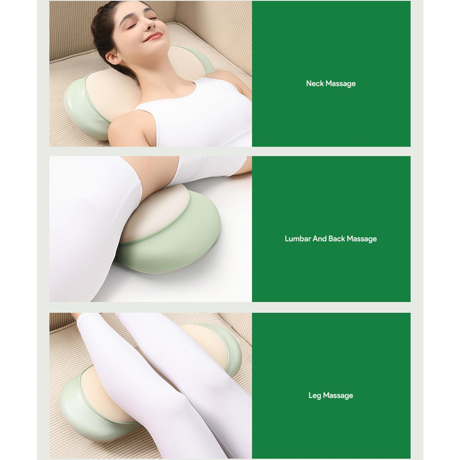 Drei Bilder, die ein Massagekissen zeigen. Das Kissen wird für Nacken-, Lenden- und Beinmassagen verwendet. Der Text ist grün.