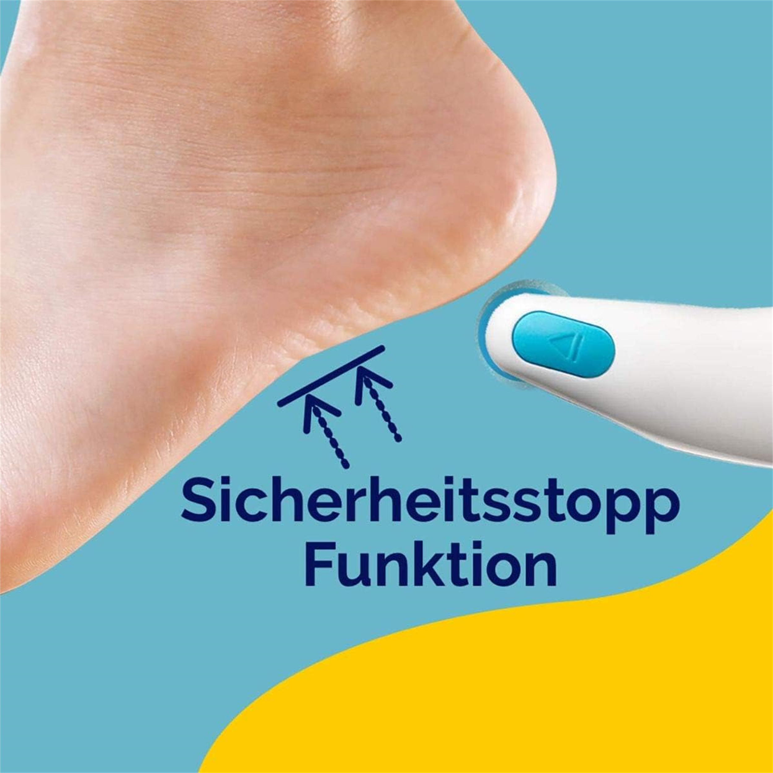 Ein Fuß und eine Fußfeile. Die Fußfeile ist weiß und blau, mit Text auf Deutsch und gelbem Hintergrund.