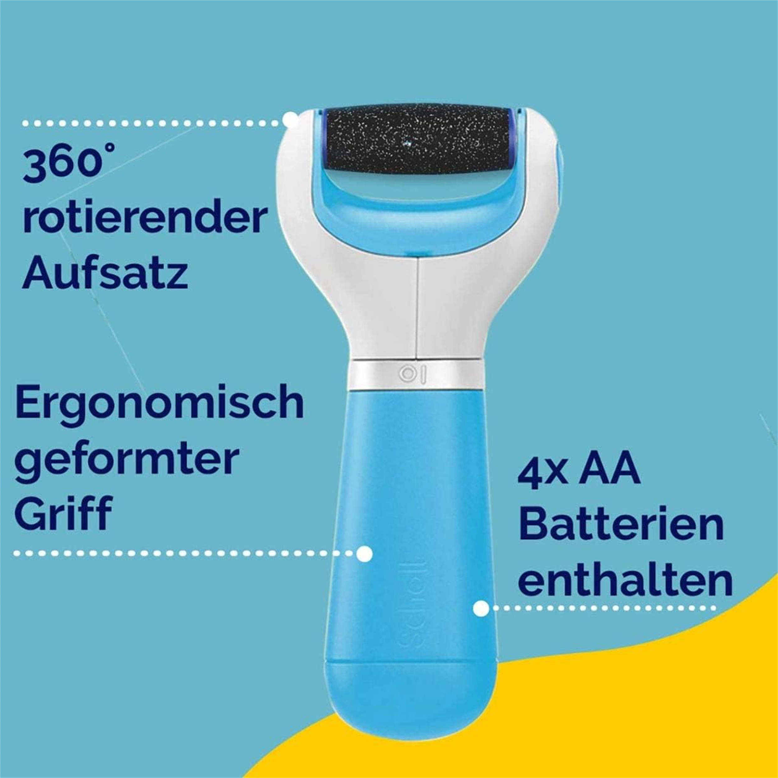 Fußfeile, blau und weiß, mit rotierendem Kopf. Text weist auf ergonomischen Griff und 4x AA Batterien hin.