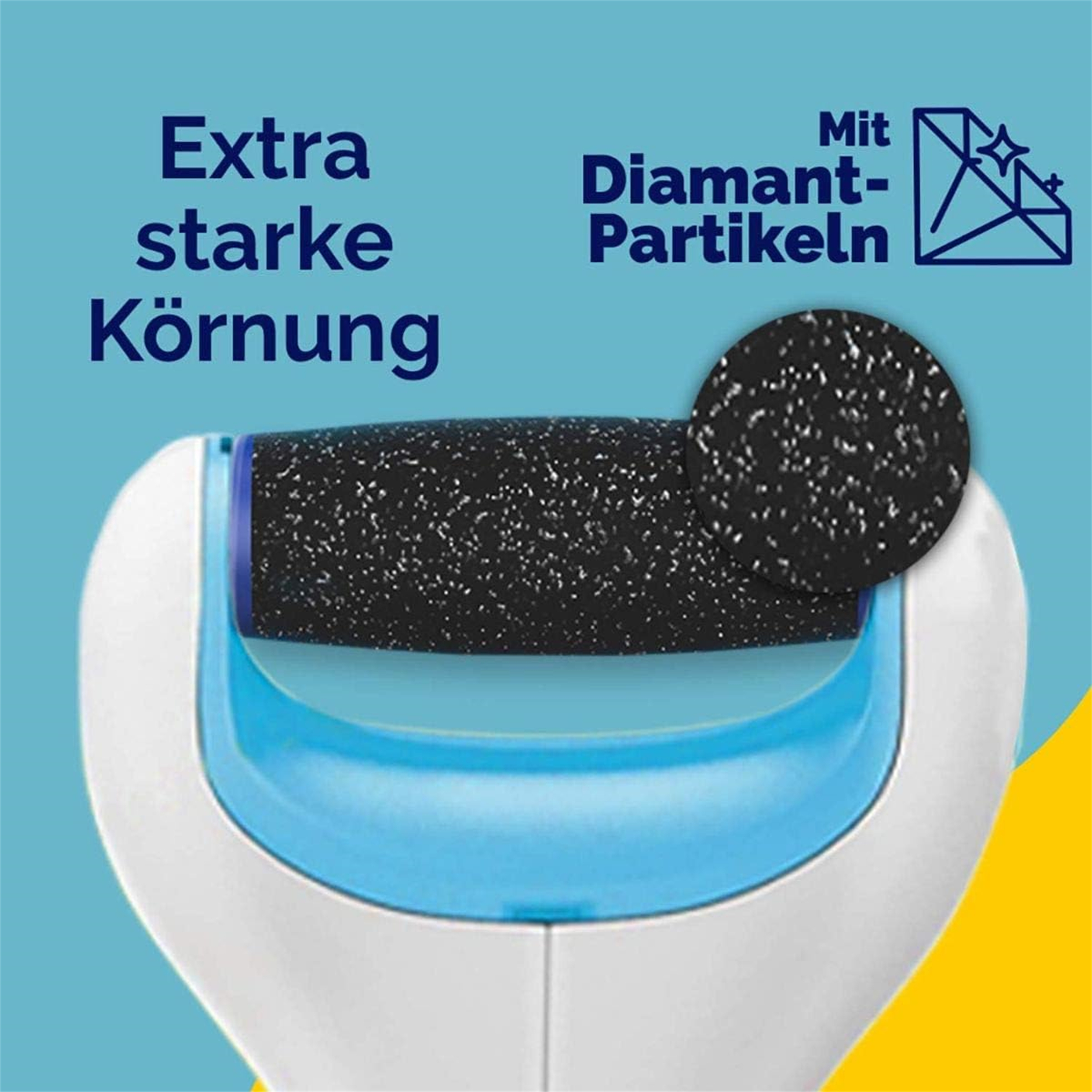 Eine Fußfeile mit rotierendem Kopf. Der Kopf ist schwarz mit einer Nahaufnahme der Diamantpartikel.