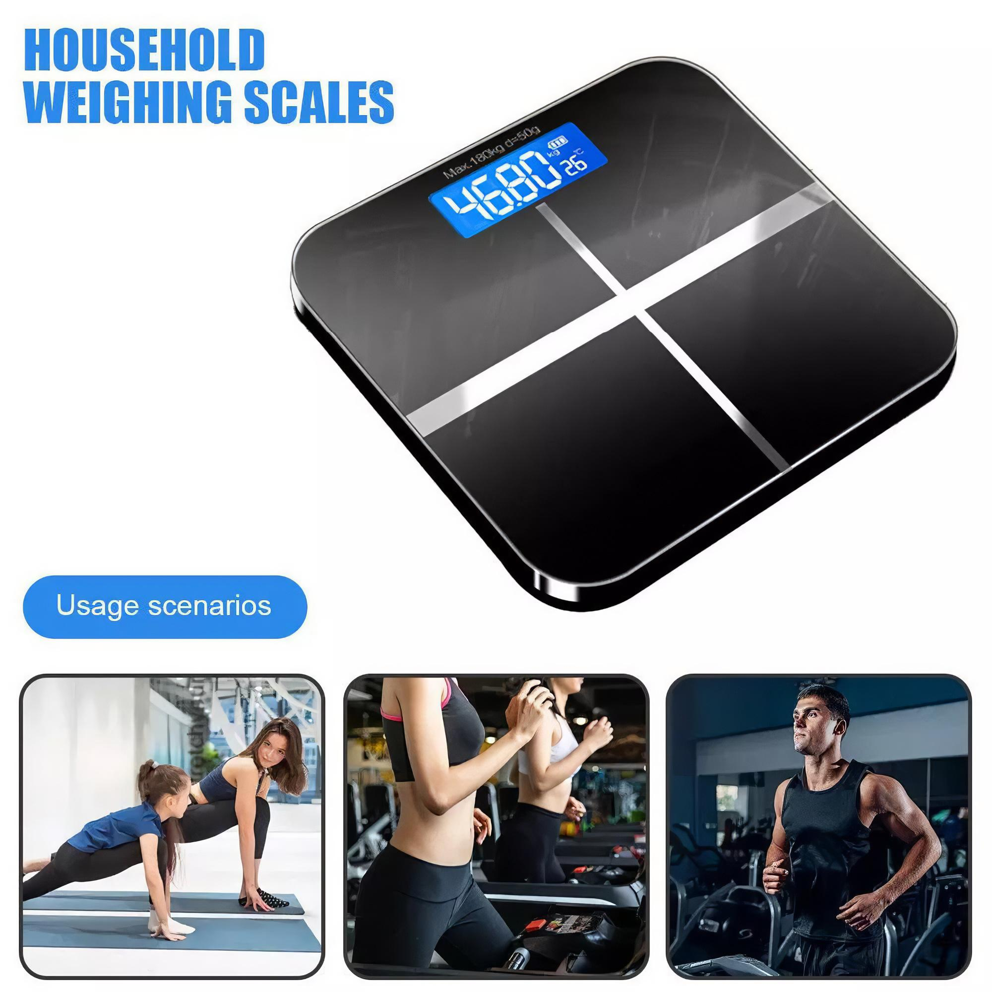 Eine schwarze Digitalwaage, die 46,80 kg anzeigt, mit Nutzungsszenarien: Yoga, Laufband und Laufen.