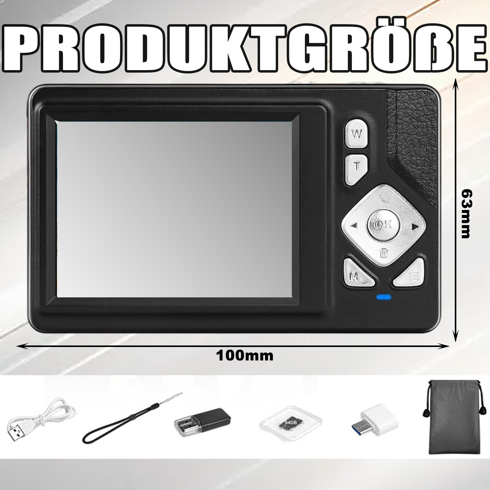Kamera mit Zubehör und Abmessungen. Eine schwarze Kamera wird mit Zubehör wie einem USB-Kabel gezeigt.