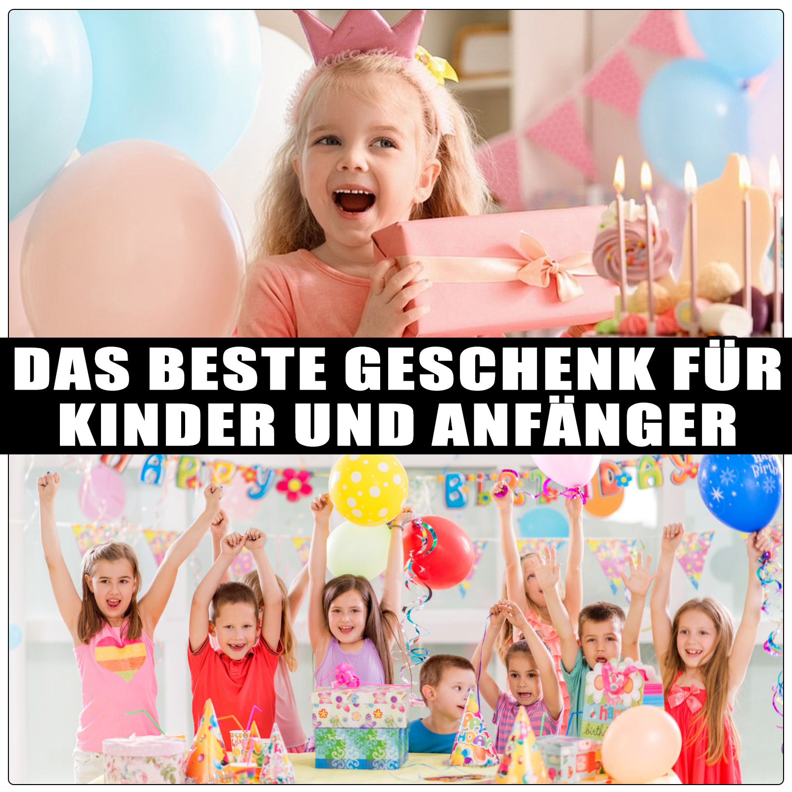 Eine Gruppe von Kindern auf einer Geburtstagsfeier. Ein Mädchen hält ein Geschenk. Ballons und Kuchen sind sichtbar.