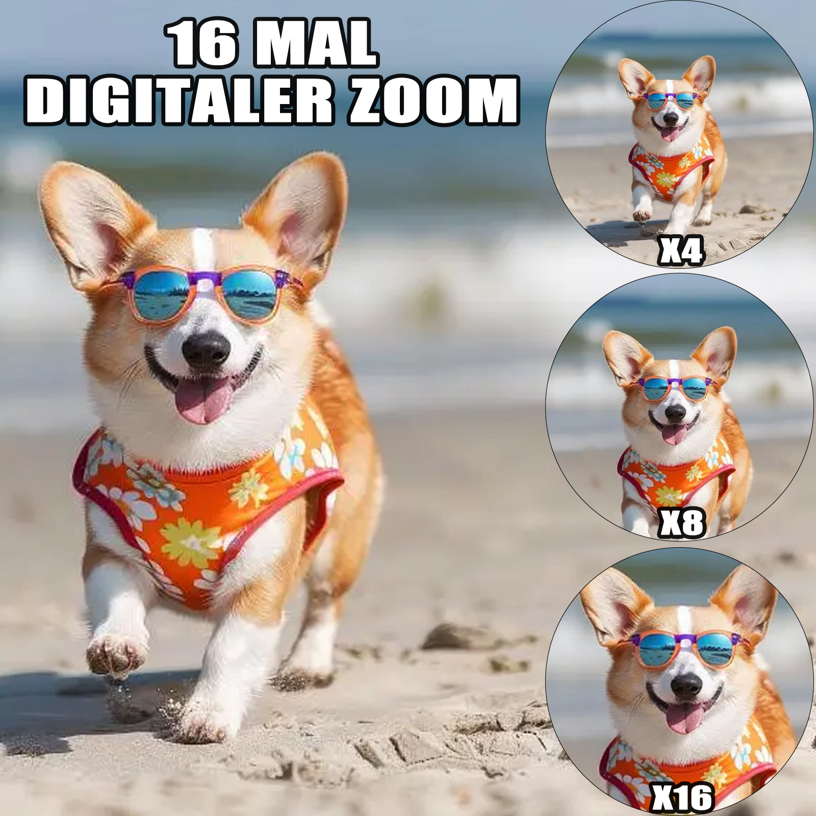 Ein Corgi mit Sonnenbrille und Blumenhemd, mit vergrößerten Bildern. Der Text lautet: 16 MAL DIGITALER ZOOM.