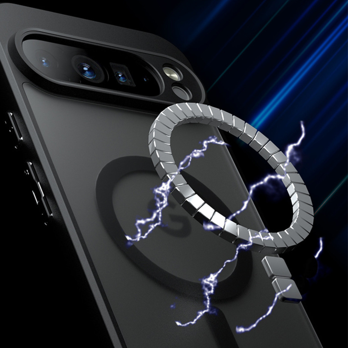 Una custodia per telefono nera con dettaglio ad anello magnetico, circondata da un lampo.