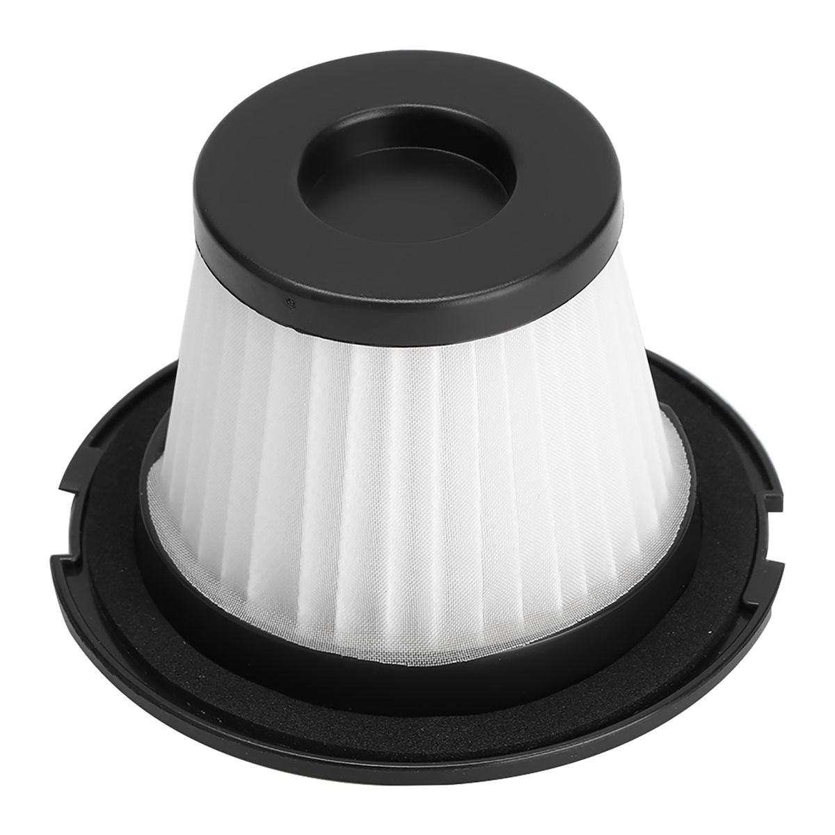 Ein zylindrischer weißer Filter mit schwarzem Ober- und Unterteil, für Staubsauger.