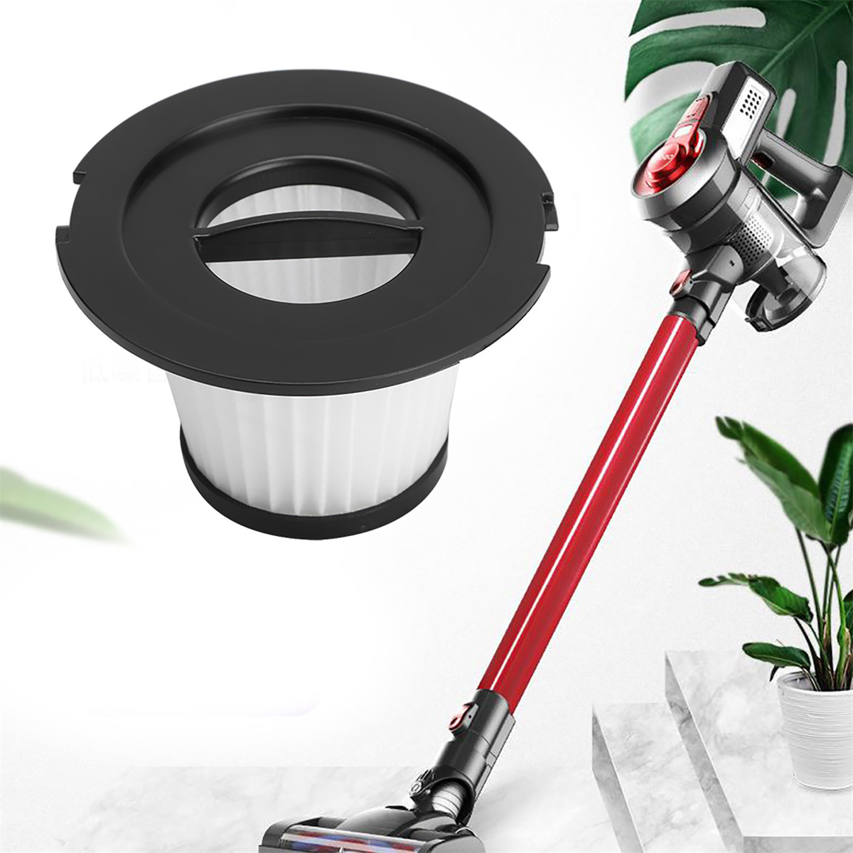 Ein Staubsauger und Filter. Der Filter ist schwarz-weiß, mit dem Staubsauger im Hintergrund.