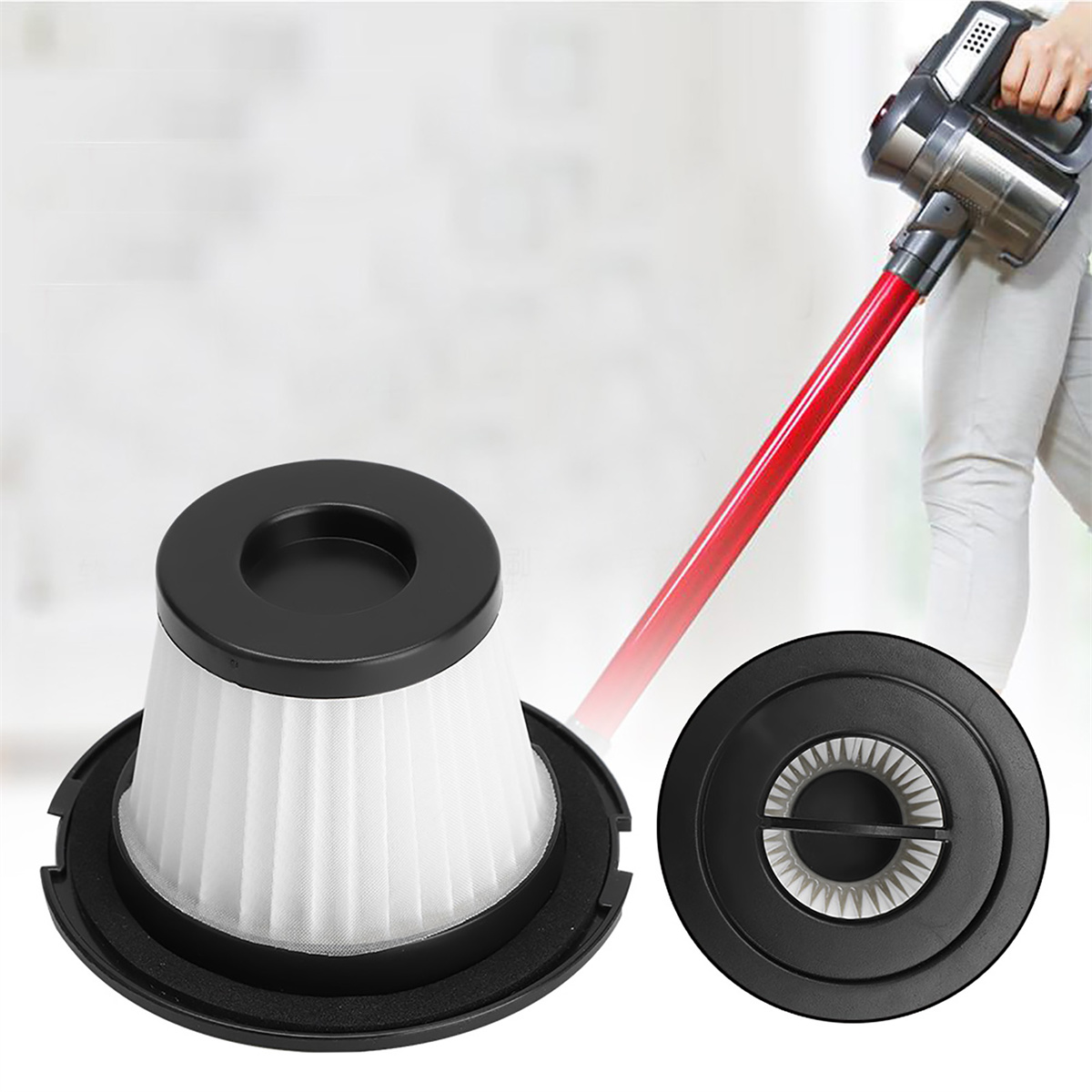 Ein Filter und ein Staubsauger. Der Filter ist weiß, der Staubsauger schwarz und rot.
