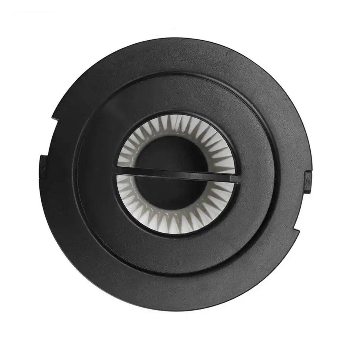 Schwarzer, kreisförmiger Luftfilter. Der Filter ist weiß mit schwarzem Rand.