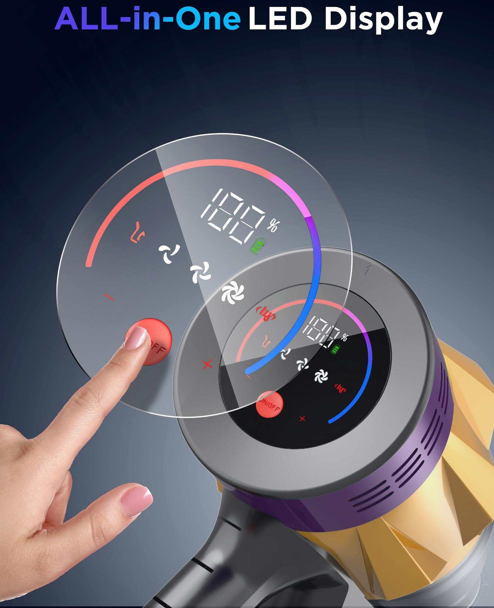 Nahaufnahme einer Hand, die mit dem All-in-One-LED-Display eines Staubsaugers interagiert.