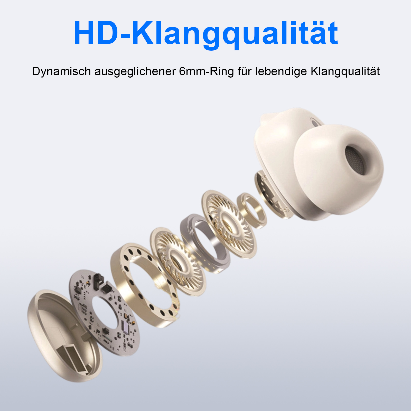 Ohrhörer mit getrennten Komponenten. Zeigt die innere Struktur. Text auf Deutsch: HD-Klangqualität.