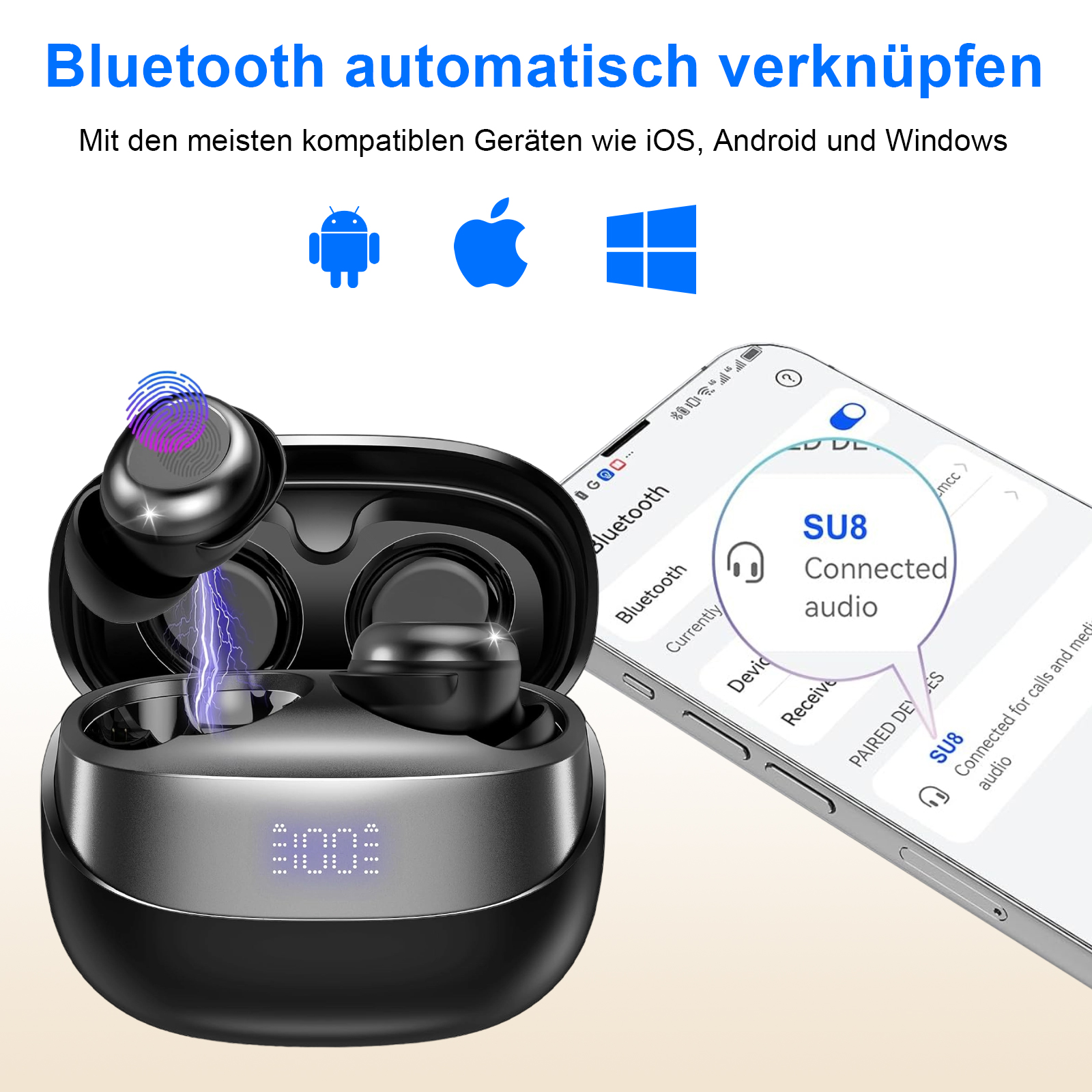 Ohrhörer und Ladeetui mit verbundenem Telefon, das 'SU8 Connected Audio' anzeigt. Symbole: Android, Apple, Windows.
