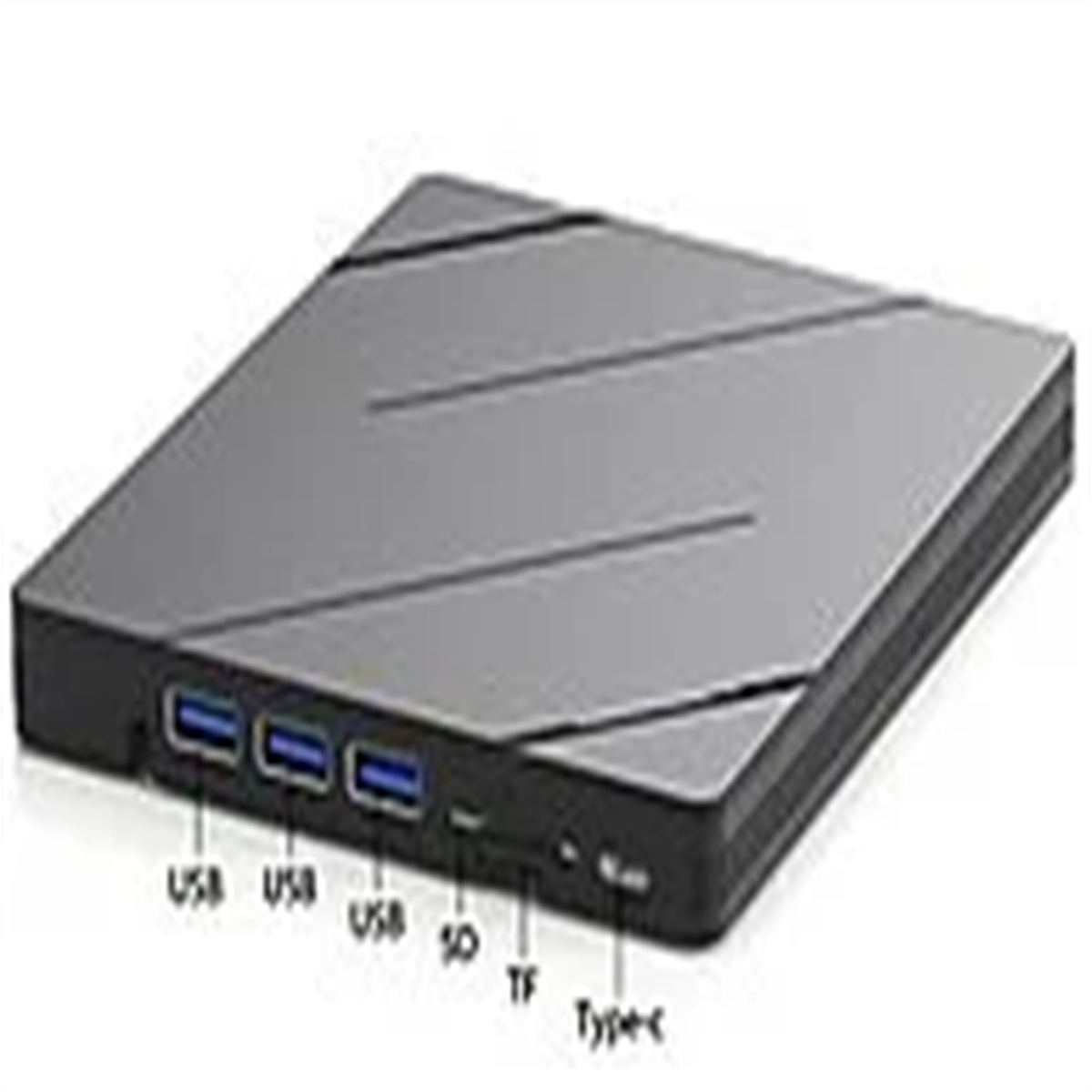Ein schwarzes und graues Gerät mit USB-, SD- und Typ-C-Anschlüssen. Die Oberseite hat diagonale Linien. Weißer Hintergrund.