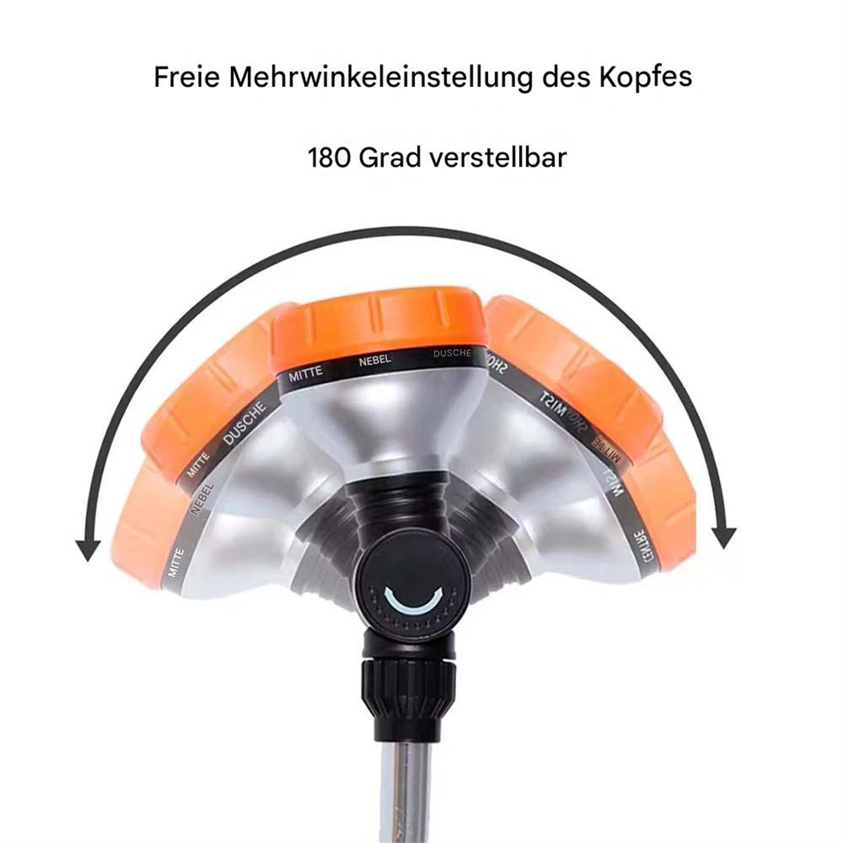 Eine orangefarbene Gartenschlauchdüse zeigt mehrere Sprüheinstellungen mit einem Bogen, der 180 Grad Einstellbarkeit anzeigt.