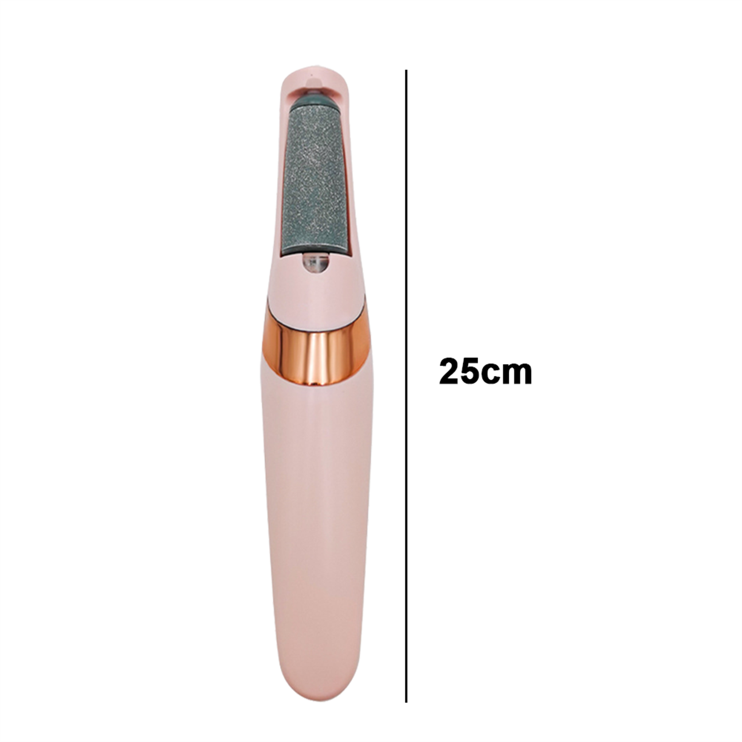 Ein rosa Fußpflegegerät mit grünem Schleifkopf wird vertikal gezeigt, daneben eine 25 cm Messlinie.