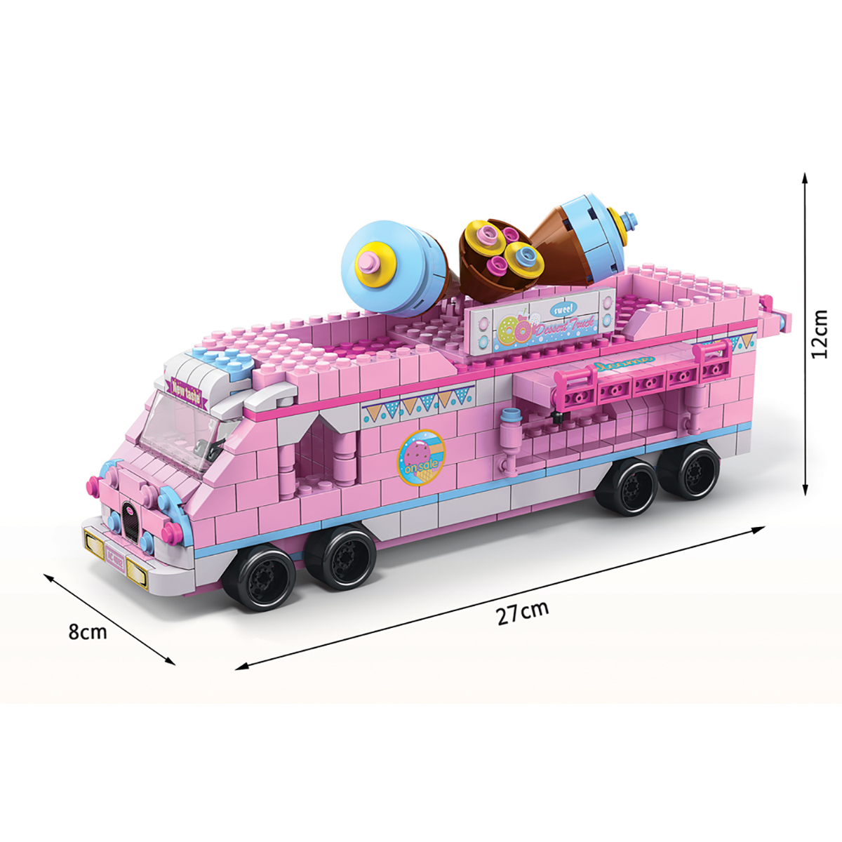 Ein rosa Spielzeug-Eiswagen mit beschrifteten Abmessungen. Er hat Eistüten auf dem Dach.