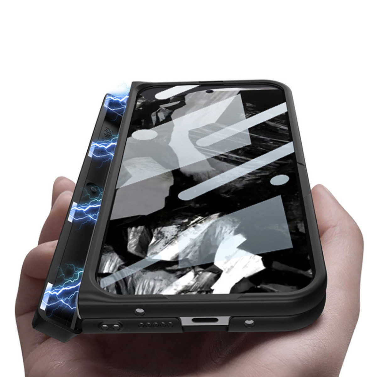 Schwarze Handyhülle mit Telefon im Inneren, mit reflektierendem Bildschirm. Blaues Blitzdesign an der Seite.