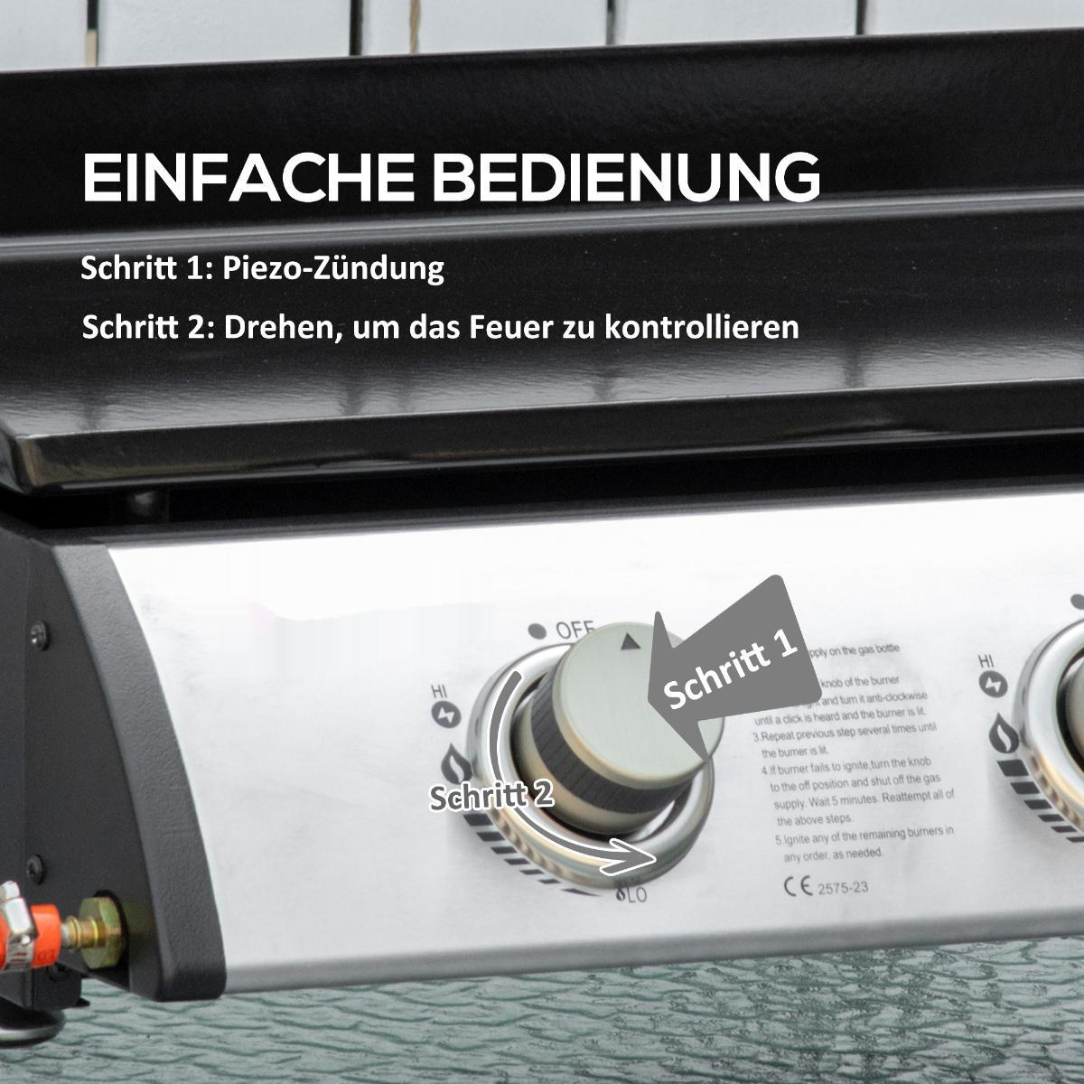 Nahaufnahme eines Grill-Bedienknopfs mit Anweisungen. Anweisungen und Schritte zur Verwendung.