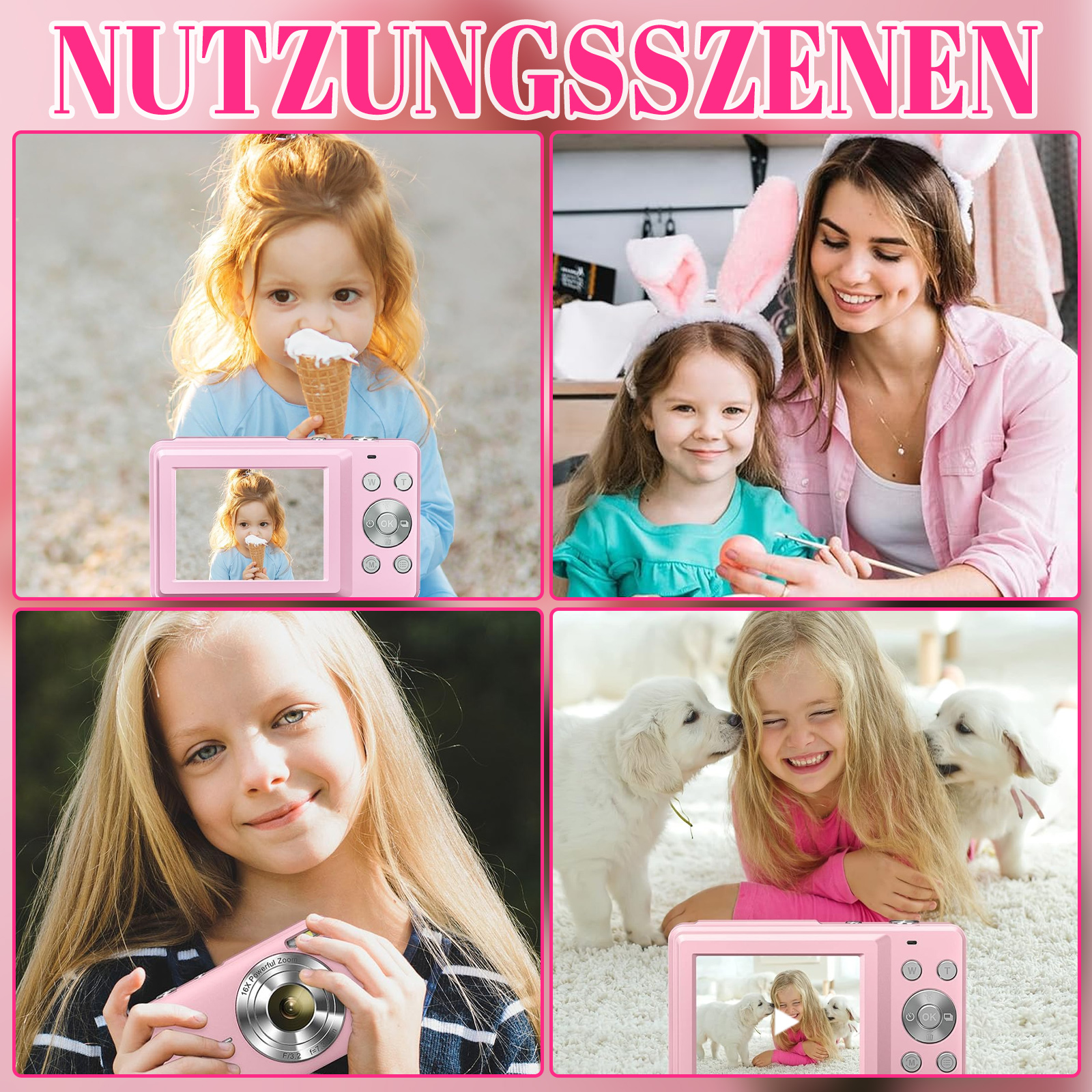 Eine rosa Kamera in einer Bildcollage. Kinder benutzen die Kamera in verschiedenen Umgebungen.