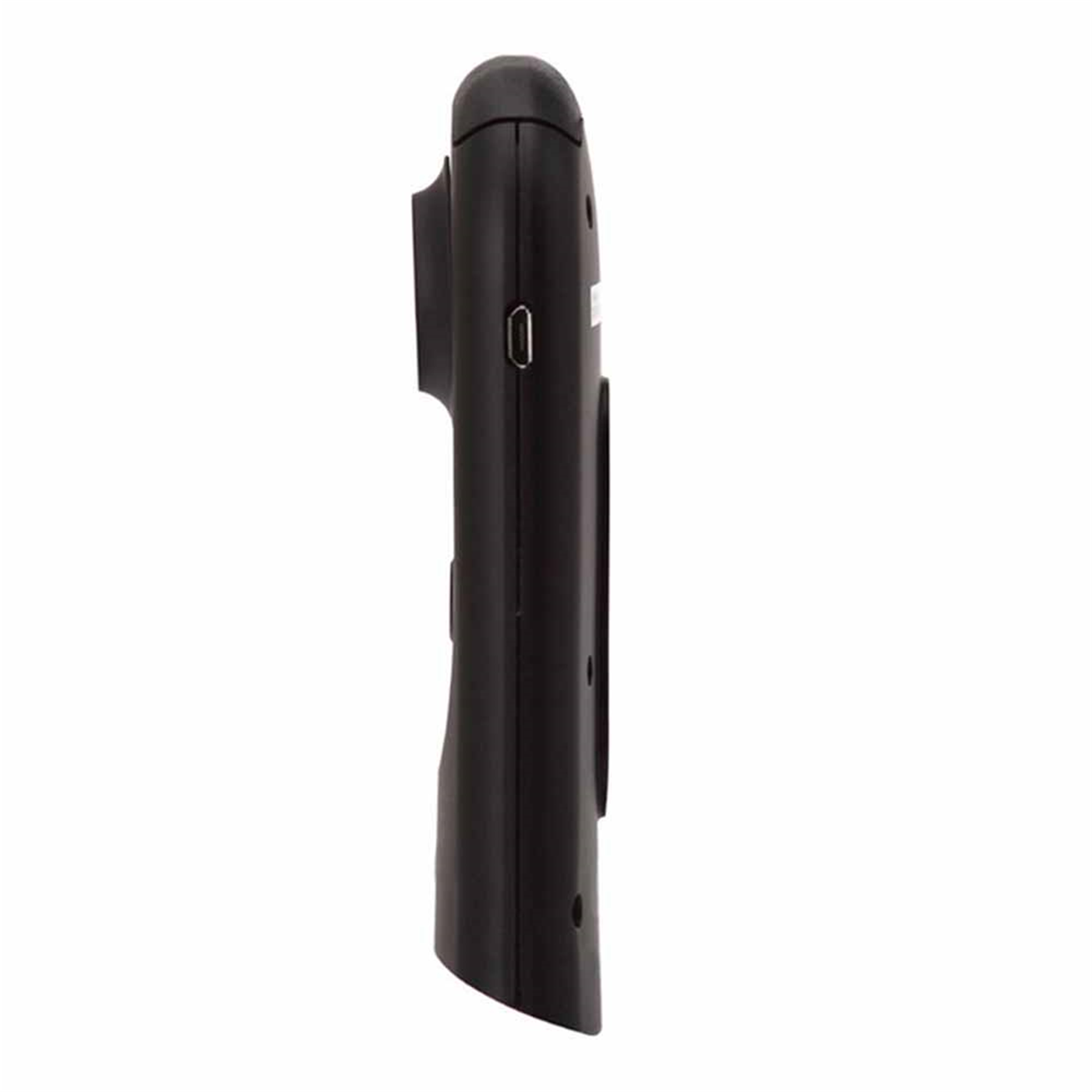 Ein schwarzes Gerät, Seitenansicht, mit einem Schlitz und einem USB-Anschluss. Es scheint ein kleines elektronisches Gerät zu sein.