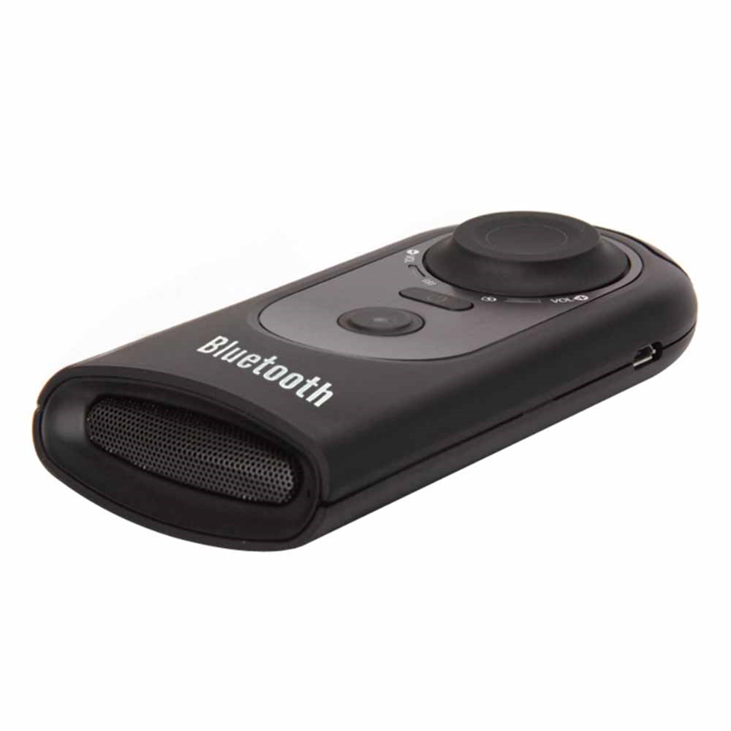 Ein schwarzer Bluetooth-Lautsprecher mit Knöpfen und einem Lautsprechergrill. Der Text 'Bluetooth' ist aufgedruckt.