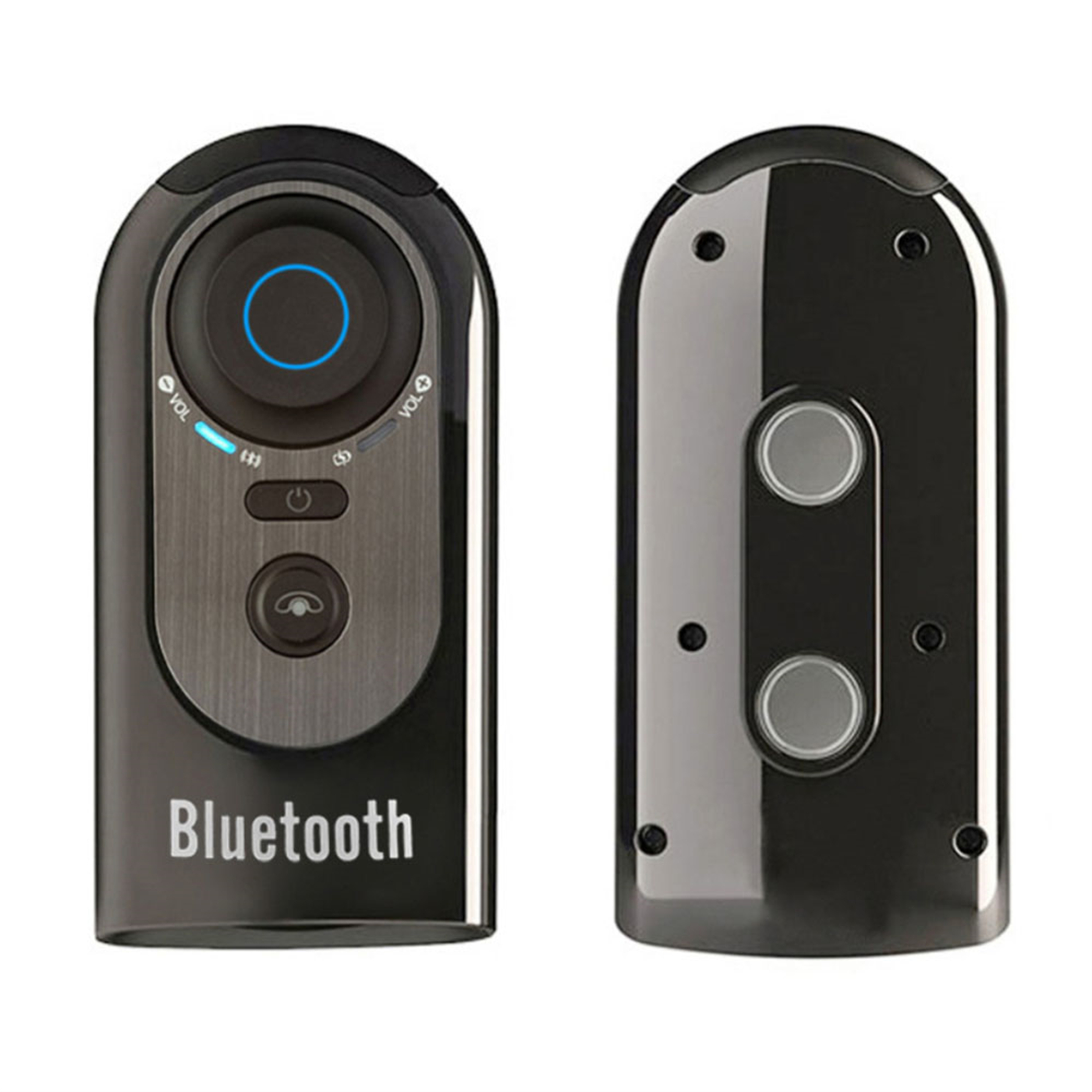 Zwei schwarze Bluetooth-Geräte. Eines zeigt Steuertasten, das andere die Rückseite mit Tasten.