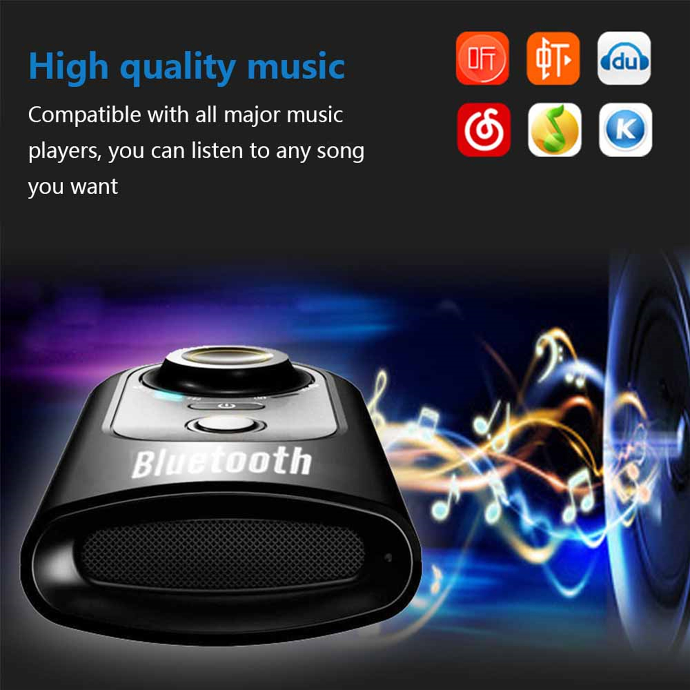 Ein schwarzes Bluetooth-Gerät mit Lautsprecher und Bedientasten, mit Noten und Logos im Hintergrund.