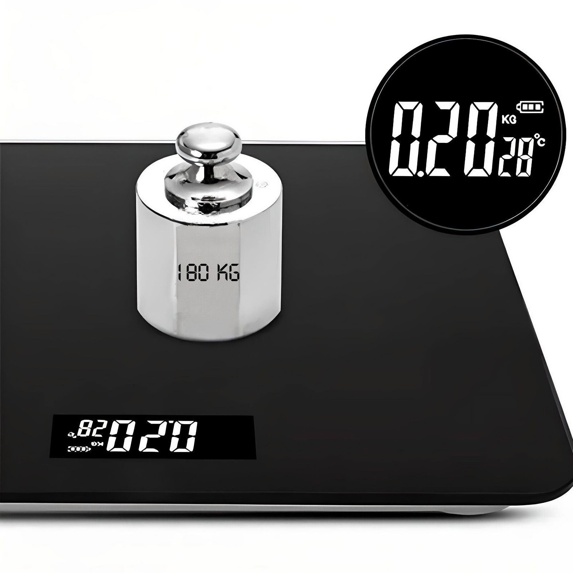 Eine Digitalwaage mit einem 180 kg Gewicht darauf. Die Waage zeigt 0,20 kg und 28°C an.