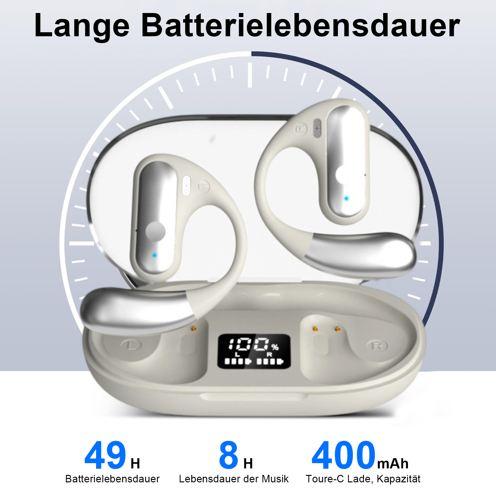 Kabellose Kopfhörer, weiß und silber, mit Ladecase. Das Case zeigt den Akkustand. Deutscher Text.