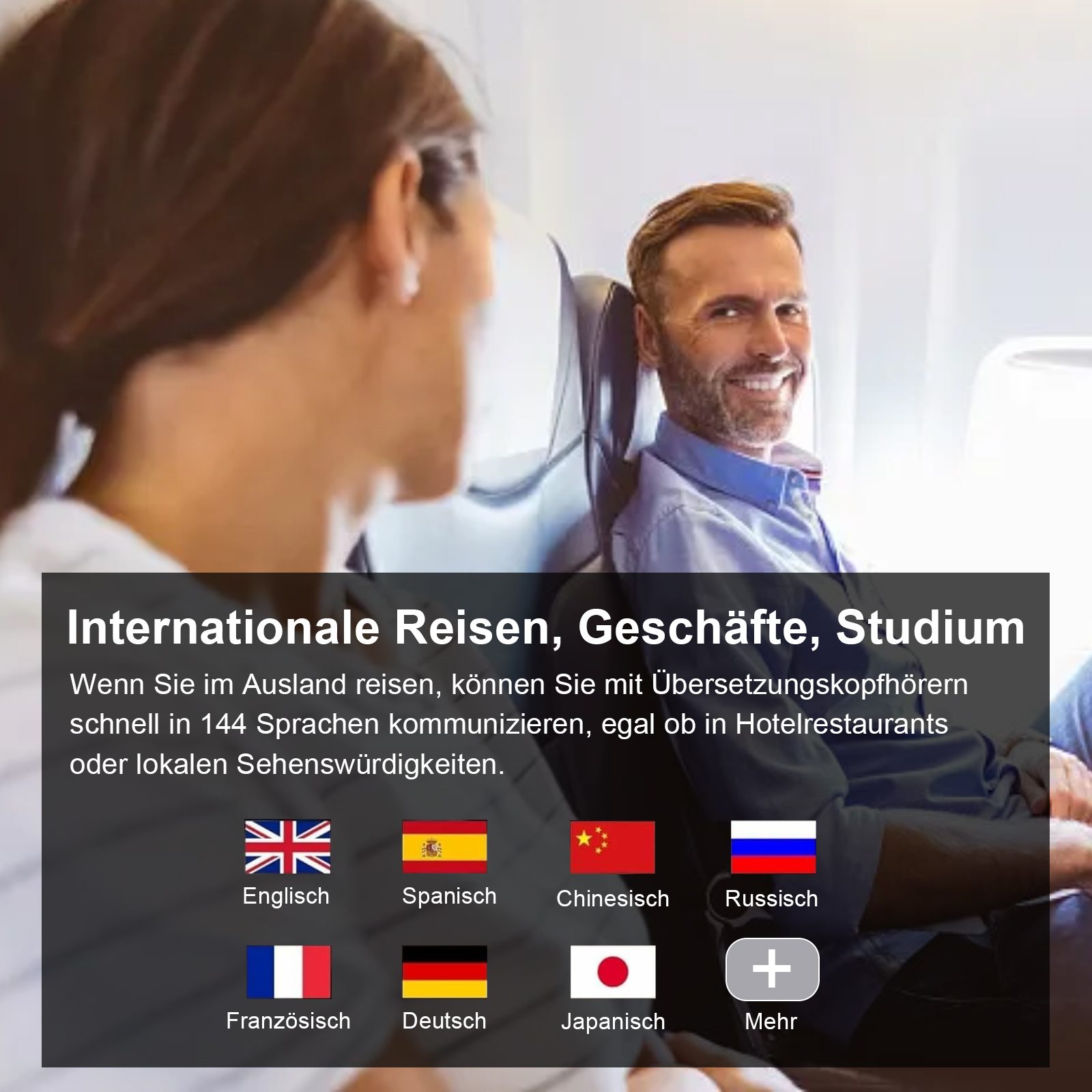 Bild eines Mannes und einer Frau im Flugzeug, Text über internationale Reisen und Kommunikation in mehreren Sprachen. Flaggen.