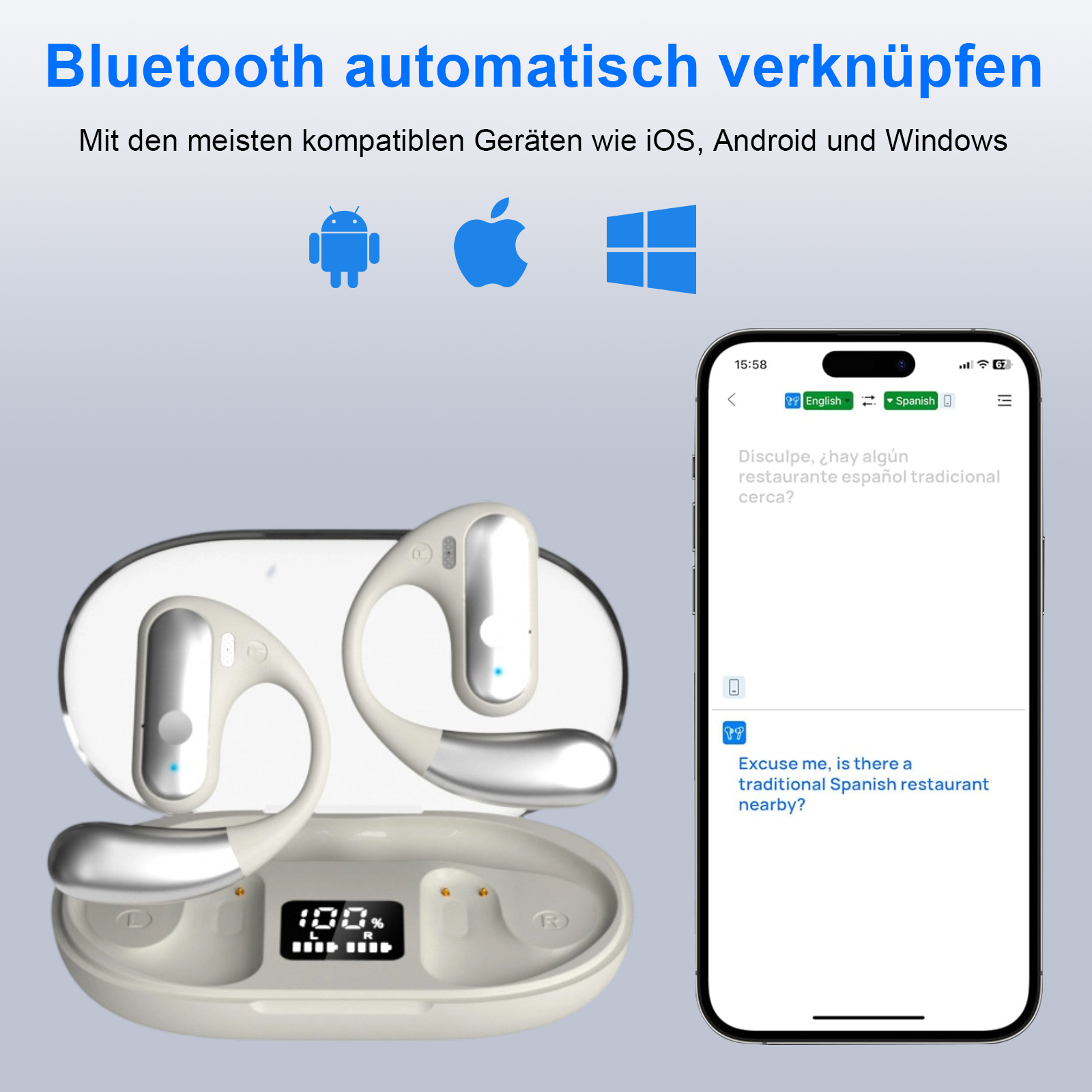 Weiß-silberne Ohrhörer mit Digitalanzeige 100% und Telefonbildschirm.