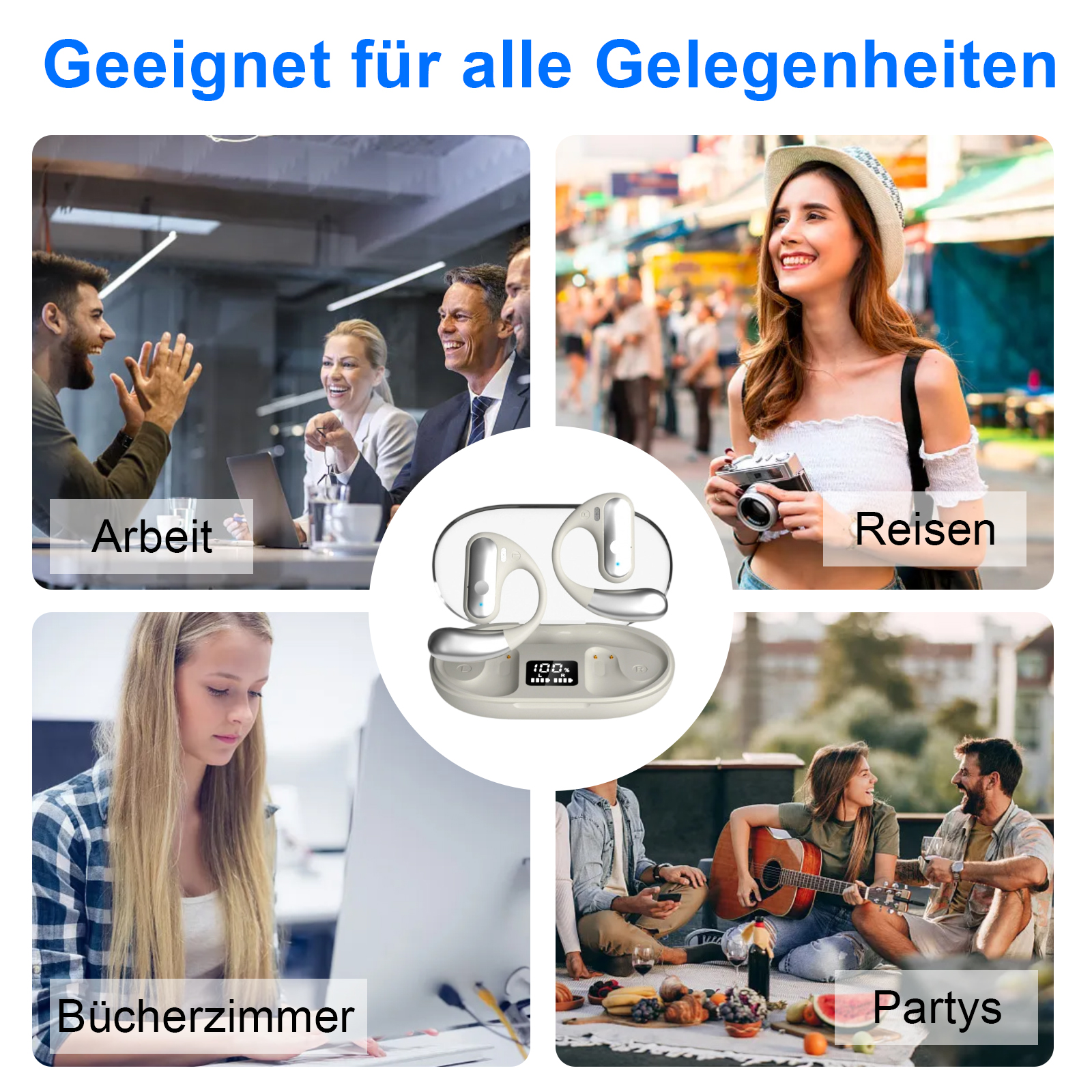 Ohrhörer in verschiedenen Szenarien wie Arbeit, Reisen, Lesen und Partys.