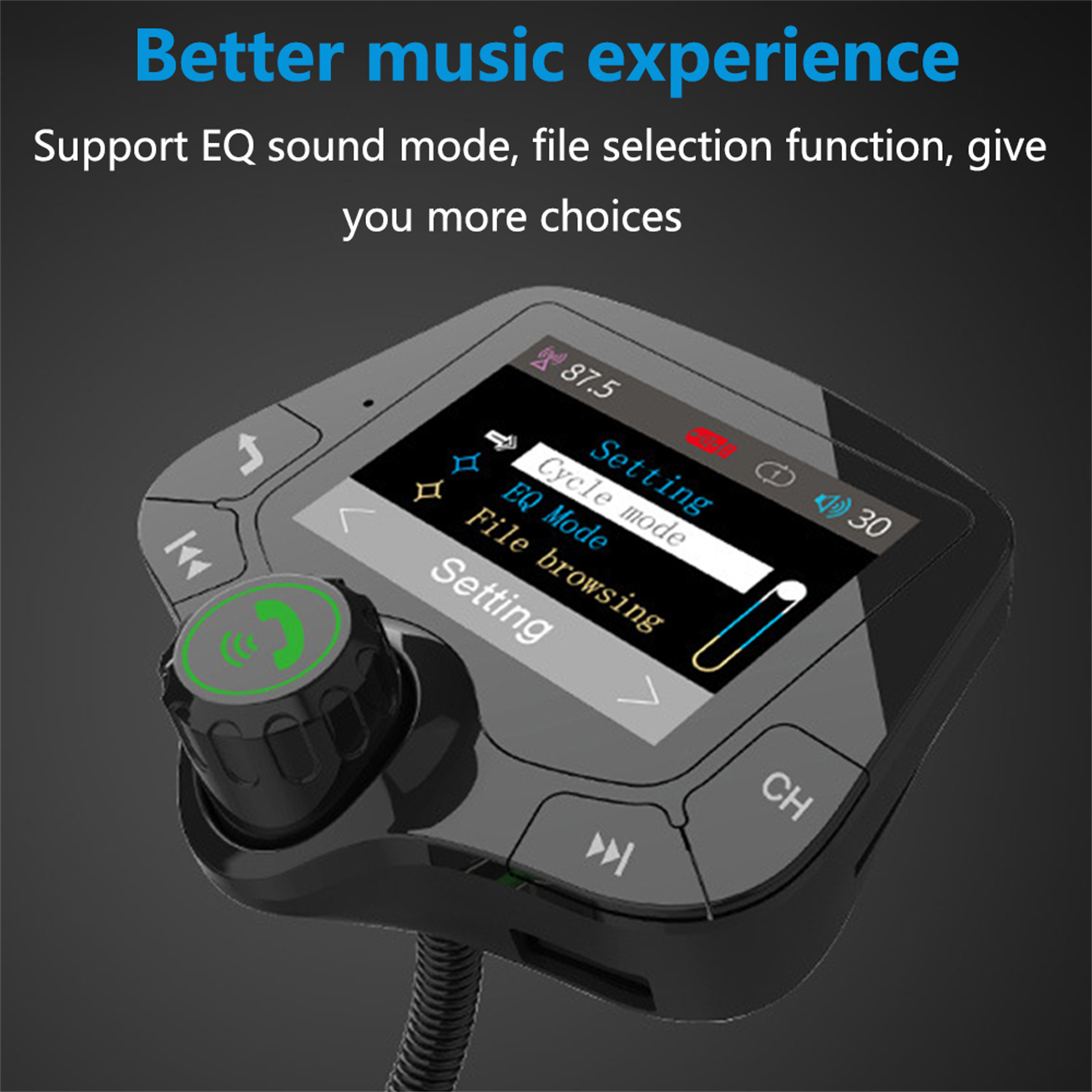 Auto-Audiogerät mit Bildschirm, der Einstellungen anzeigt. Tasten und ein Knopf sind sichtbar. Text sagt "Besseres Musikerlebnis".