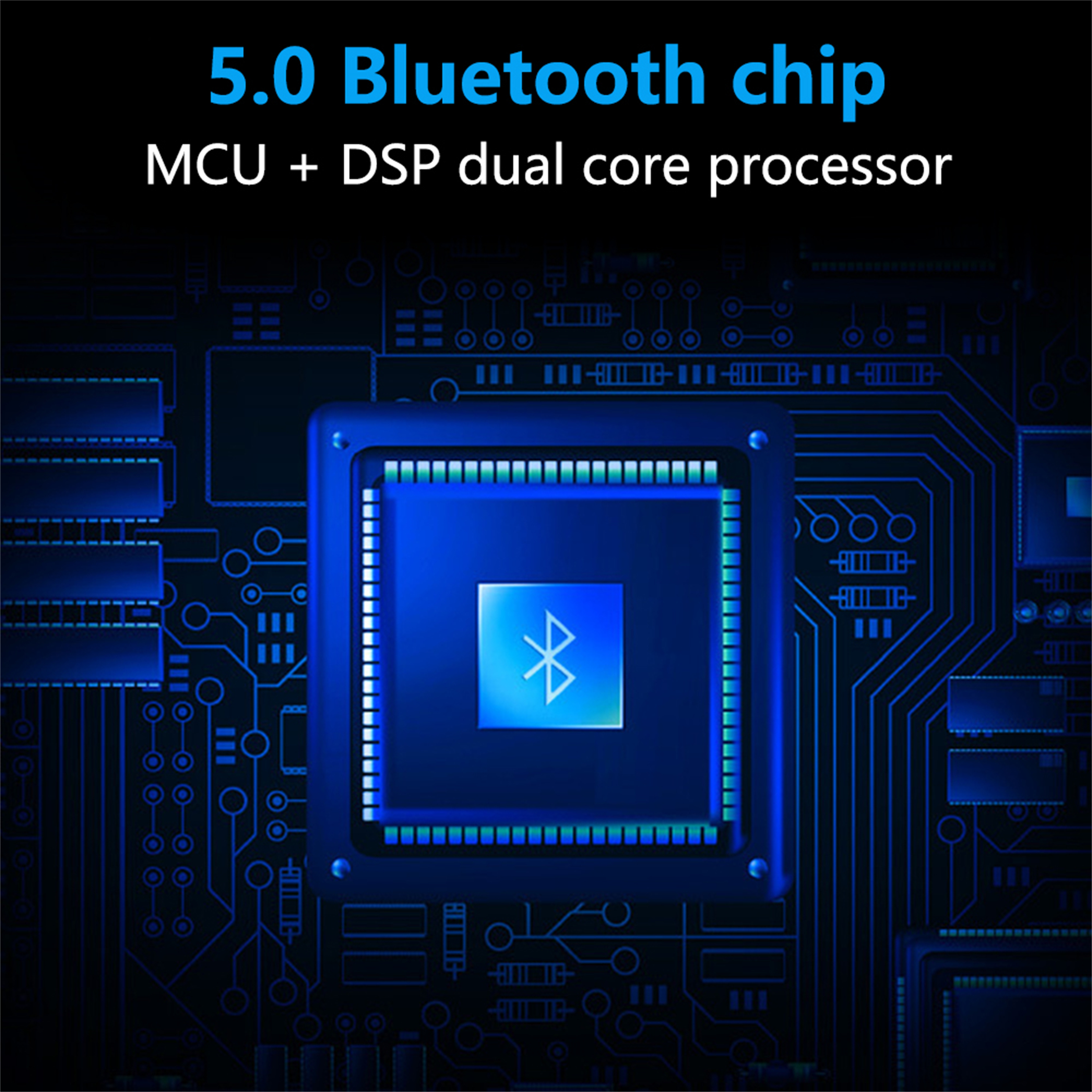 Eine blaue Leiterplatte mit Bluetooth-Symbol, die einen Dual-Core-Prozessor zeigt.