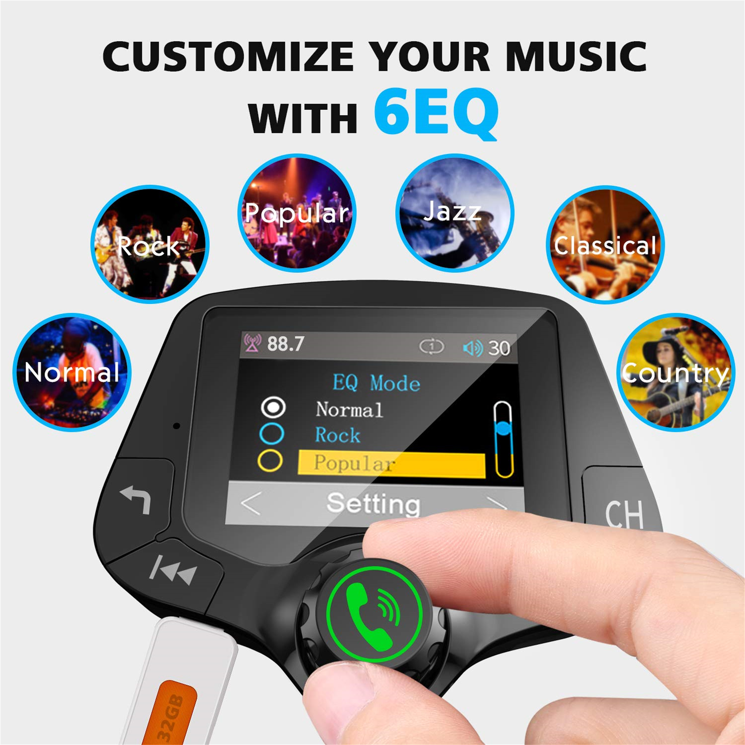 Auto-Audiogerät mit Bildschirm, der Musikeinstellungen anzeigt. Tasten und ein Knopf sind sichtbar, mit Genre-Optionen: Rock, Pop, Jazz usw.