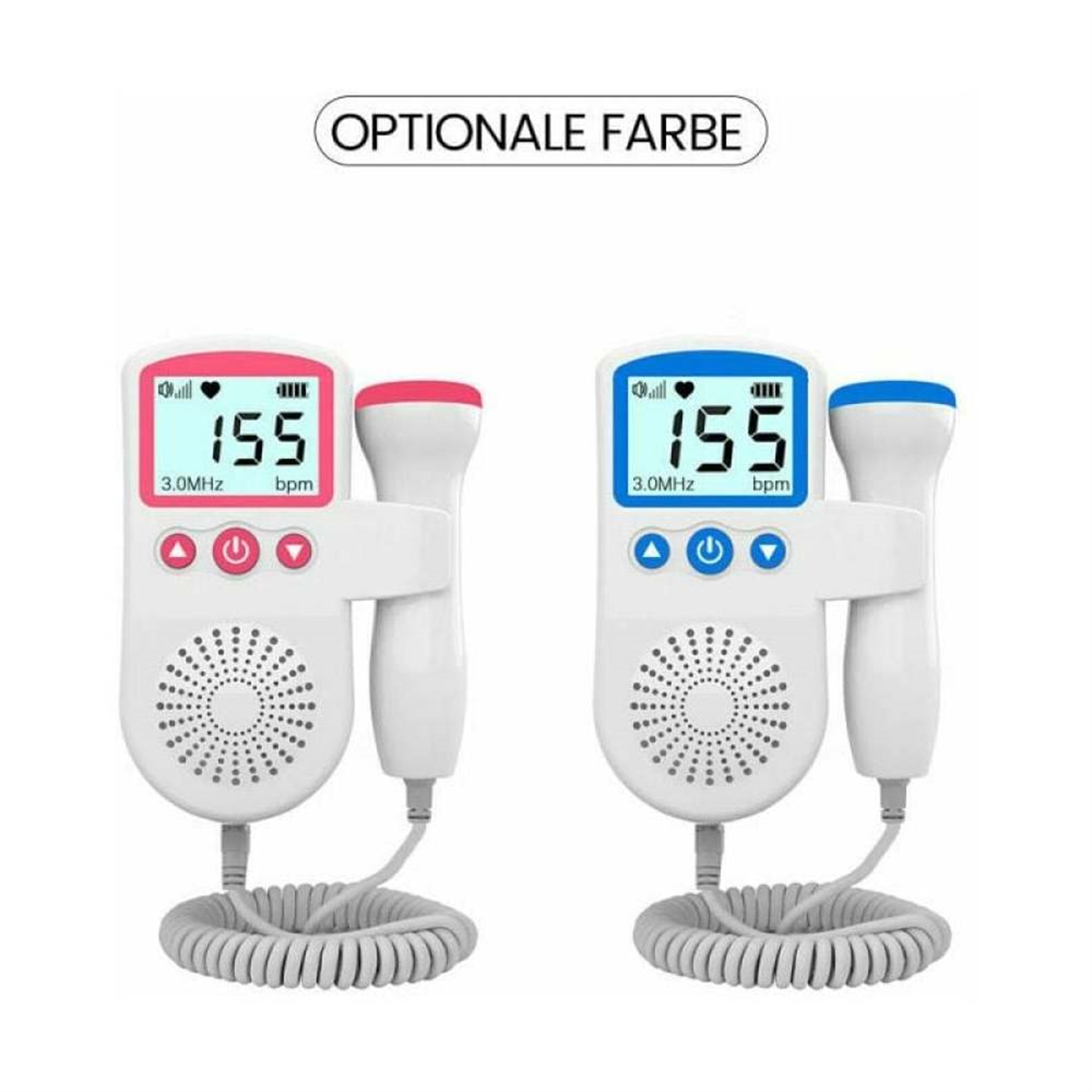 Zwei fetale Doppler-Geräte. Jedes zeigt 155 bpm an. Eines hat ein rosa Herzsymbol, das andere ein blaues Herzsymbol.