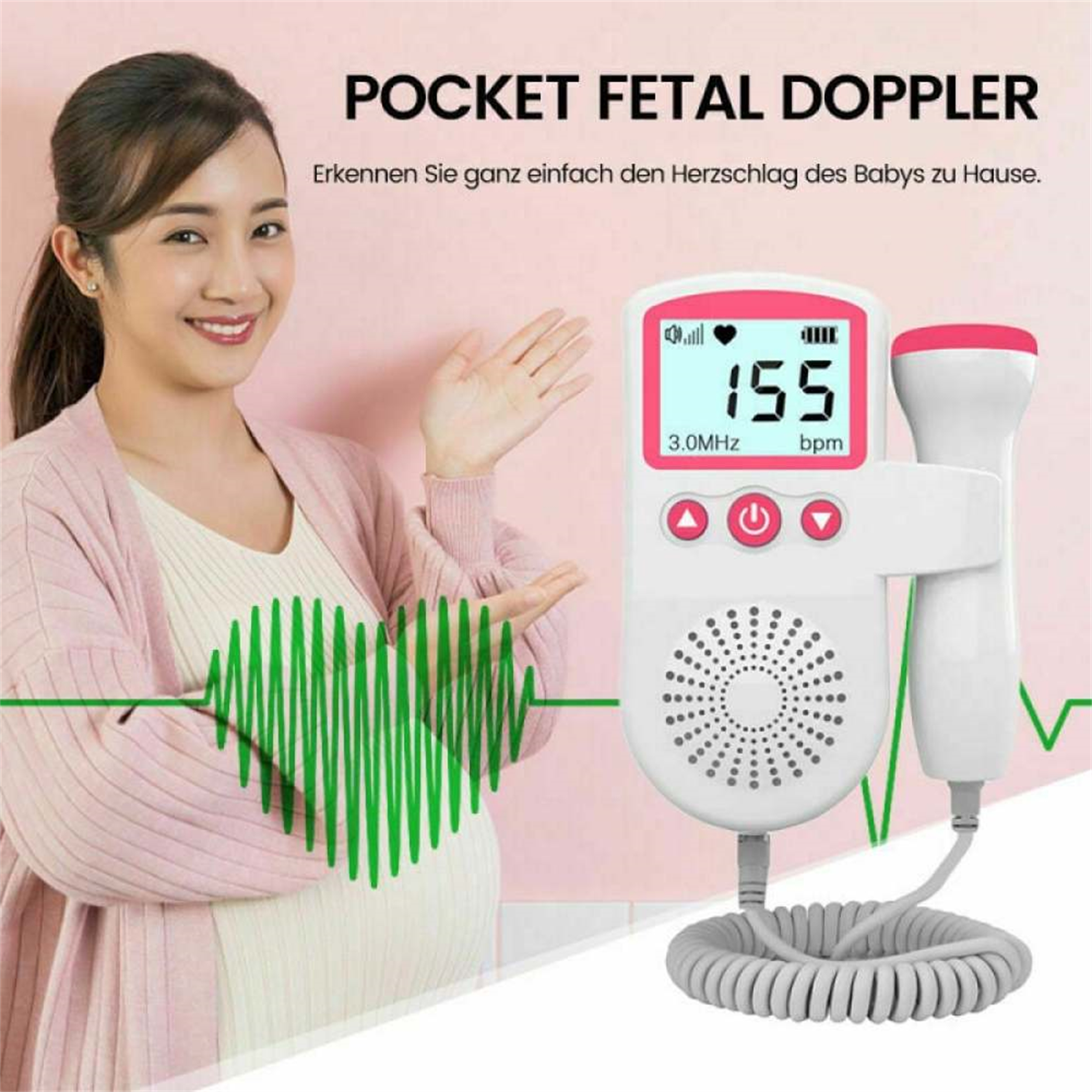 Schwangere Frau mit einem fetalen Doppler. Text: Taschen-Fetal-Doppler. Anzeige zeigt 155 bpm.