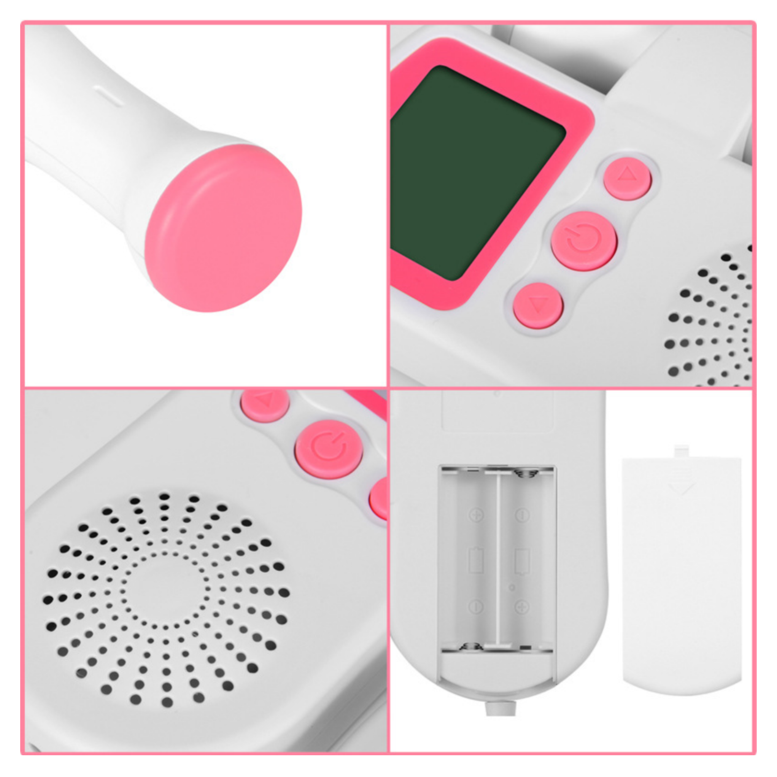 Nahaufnahme eines weißen elektronischen Geräts mit rosa Knöpfen und einem kleinen Bildschirm.